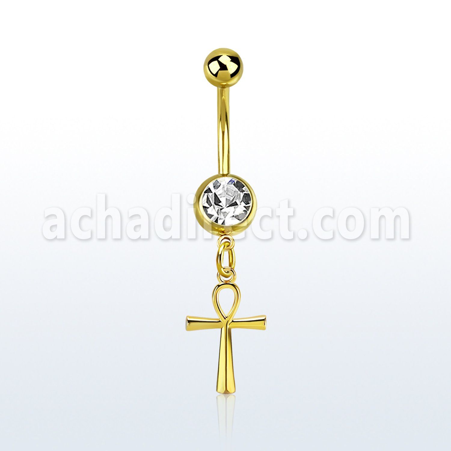 gold steel belly banana 14g w a dangling ankh cross 