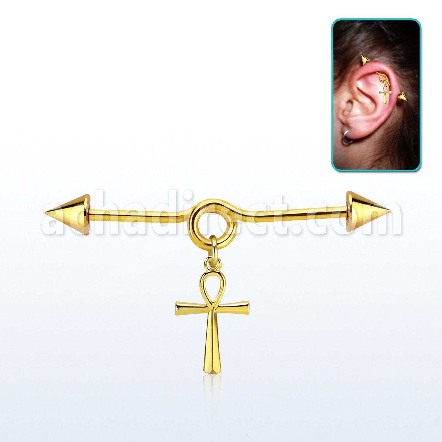 gold steel industrial loop barbell w cone & ankh cross