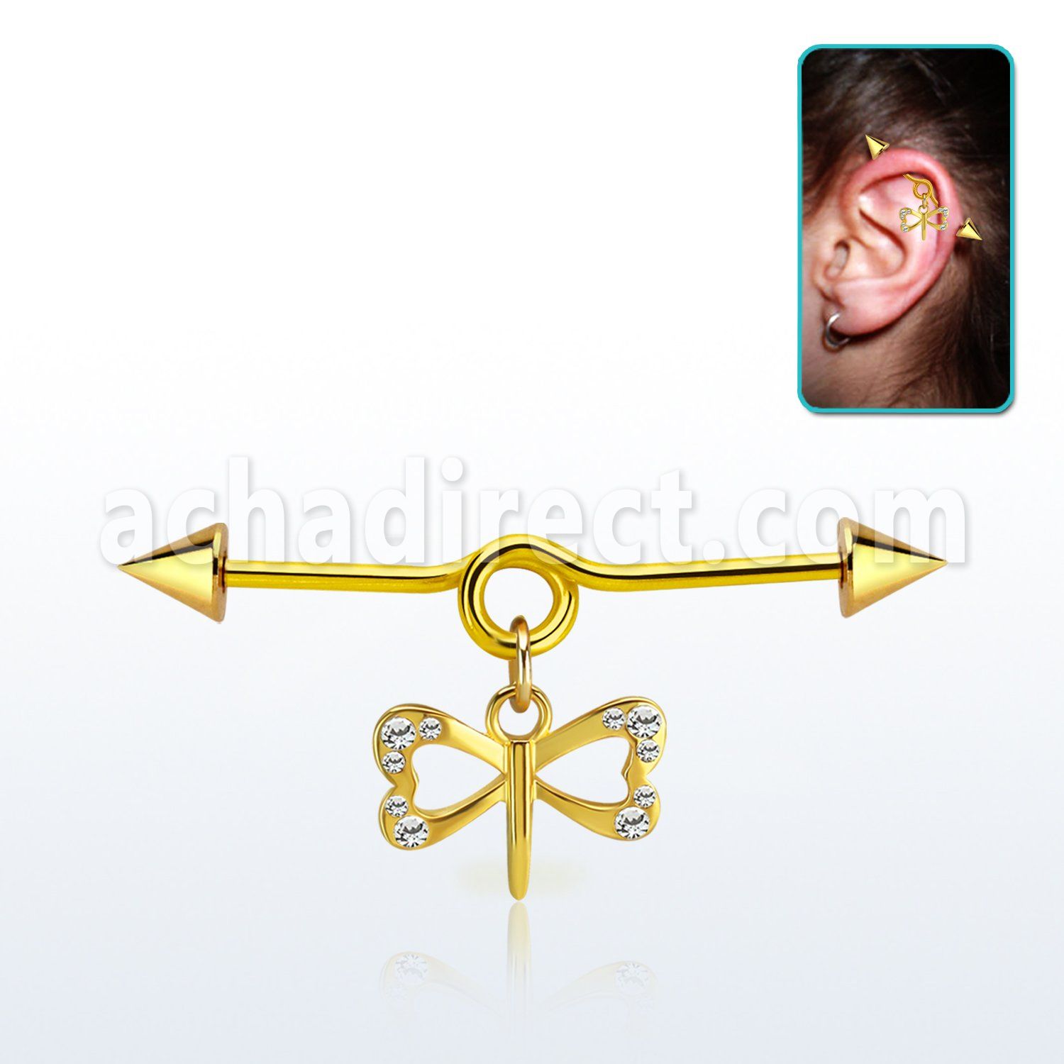 gold steel industrial loop barbell w crystal dragonfly