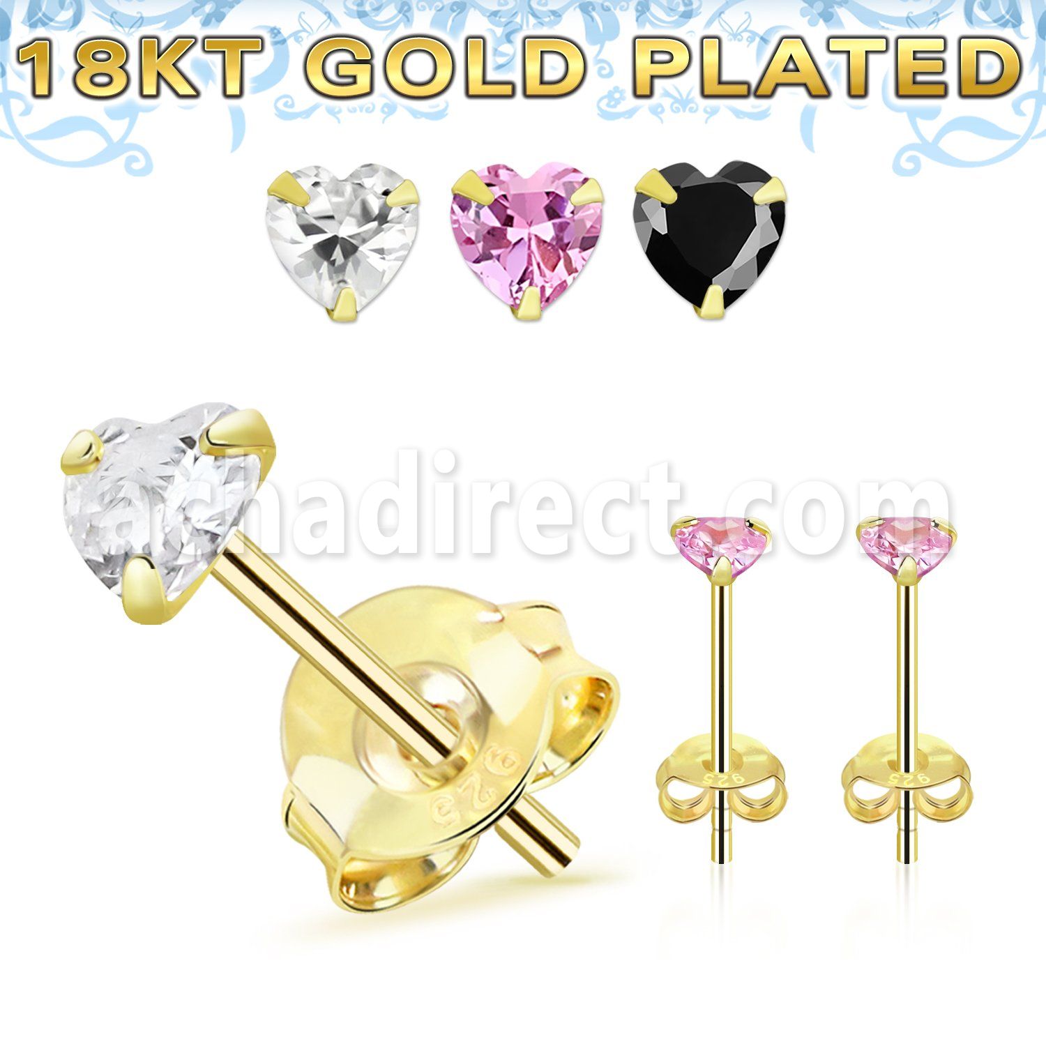 gphzm one pair 18k gold plated silver ear studs heart cz