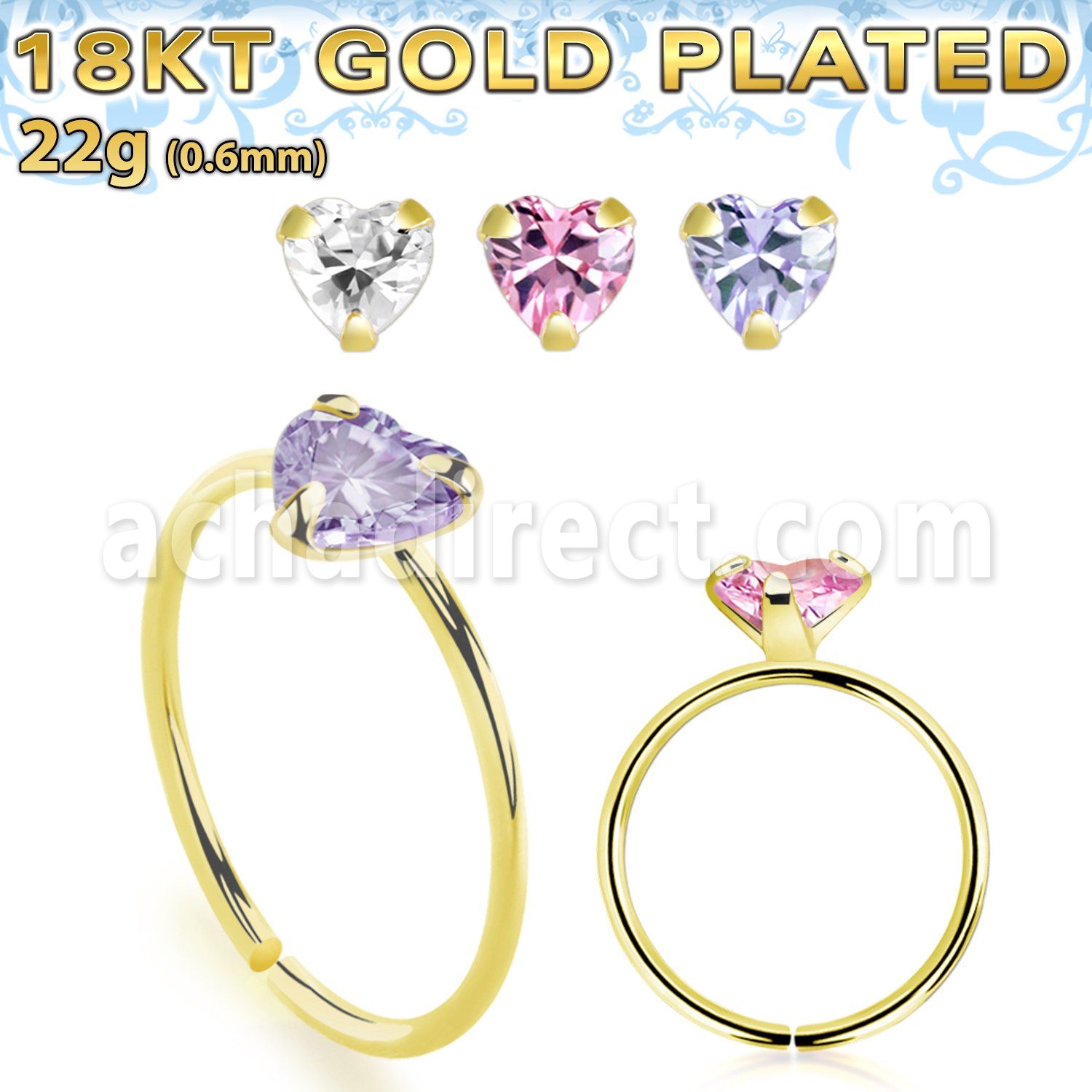 gpzhm22 18k gold plated silver seamless nose ring 22g heart
