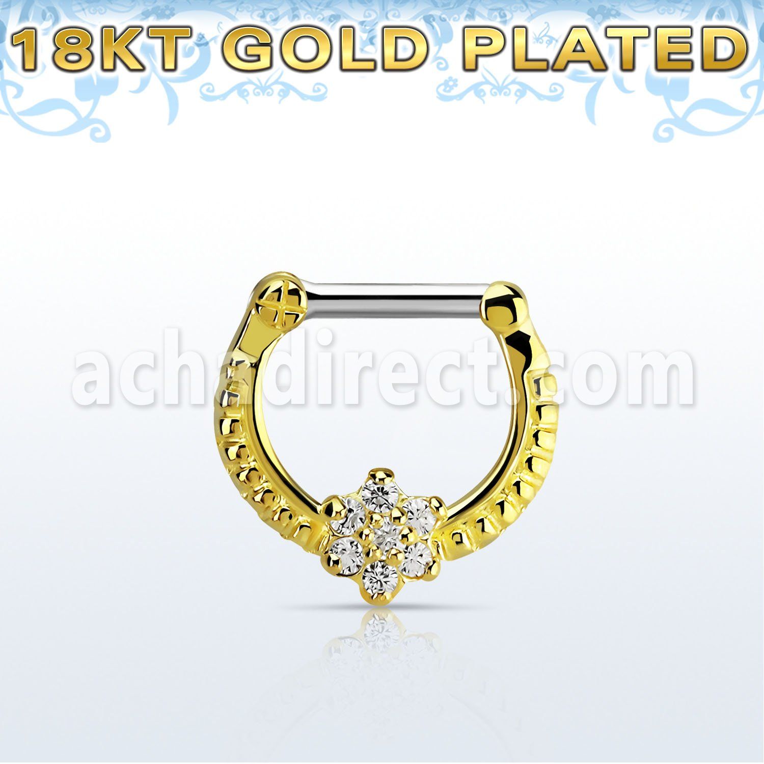gsepr14 gold plated silver septum clicker, 14g w flower czs