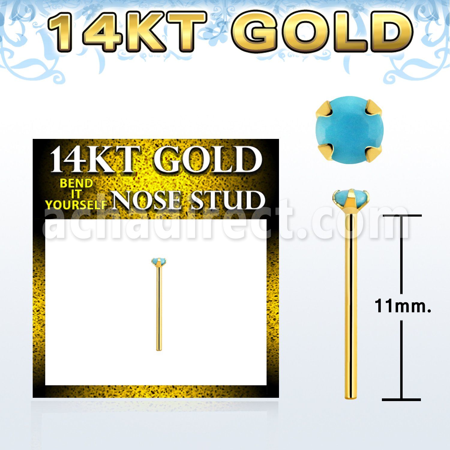 gyge7 14kt gold bend it  nose stud w 2mm prong set turquoise