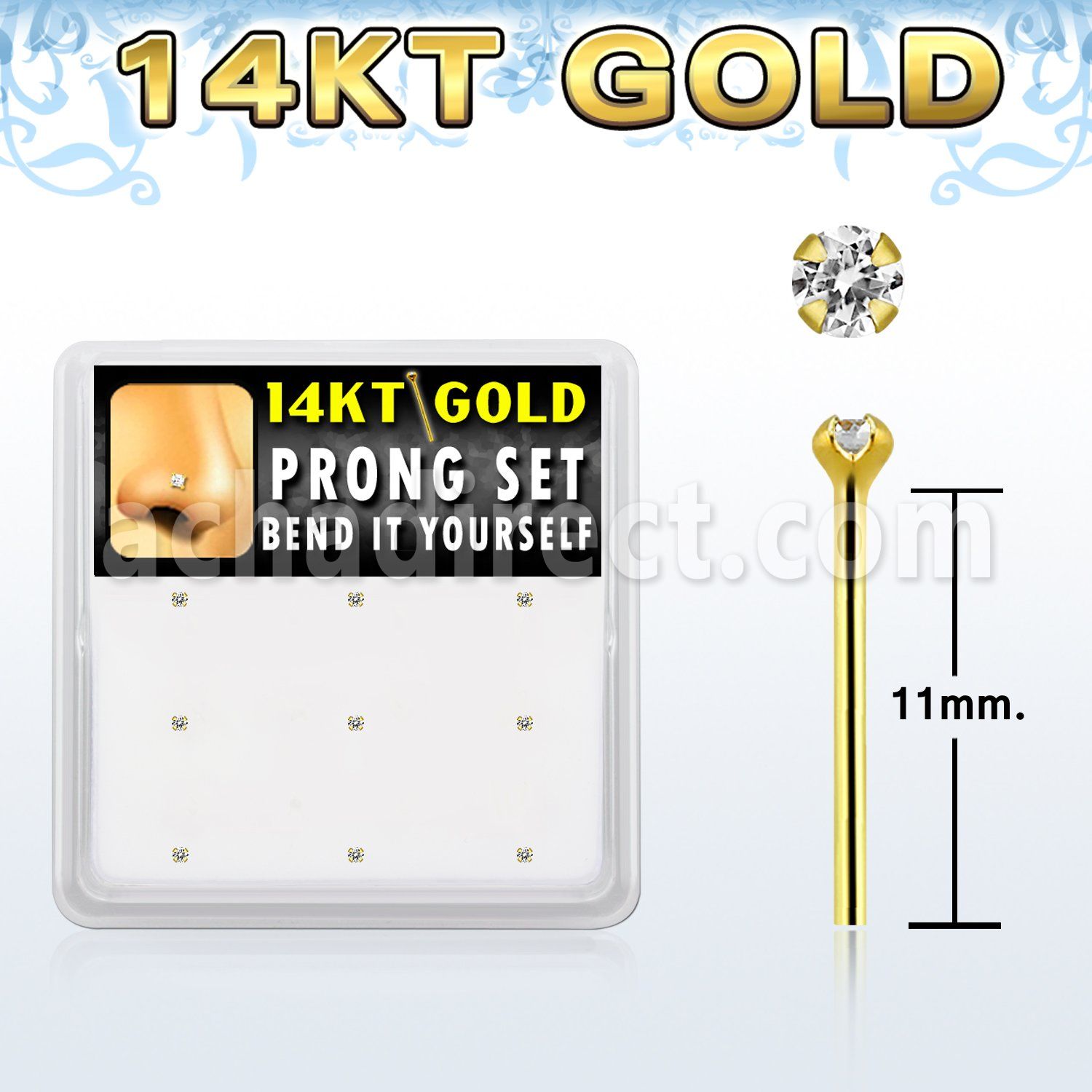 gys2x box 14kt gold bend it nose studs 20g w 1.5mm clear cz 