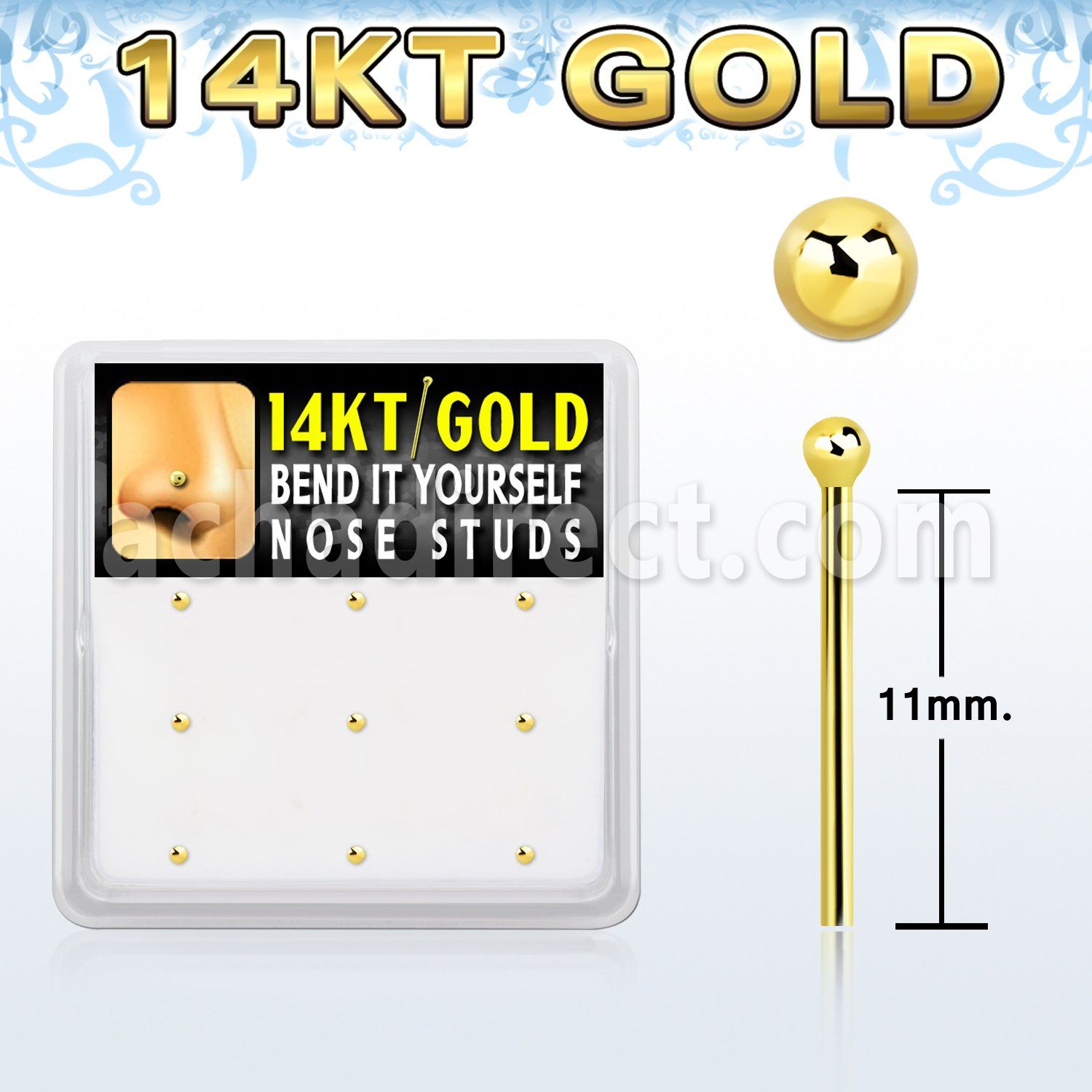 gys3x box w 14kt gold bend it nose stud 20g w 1.5mm ball top