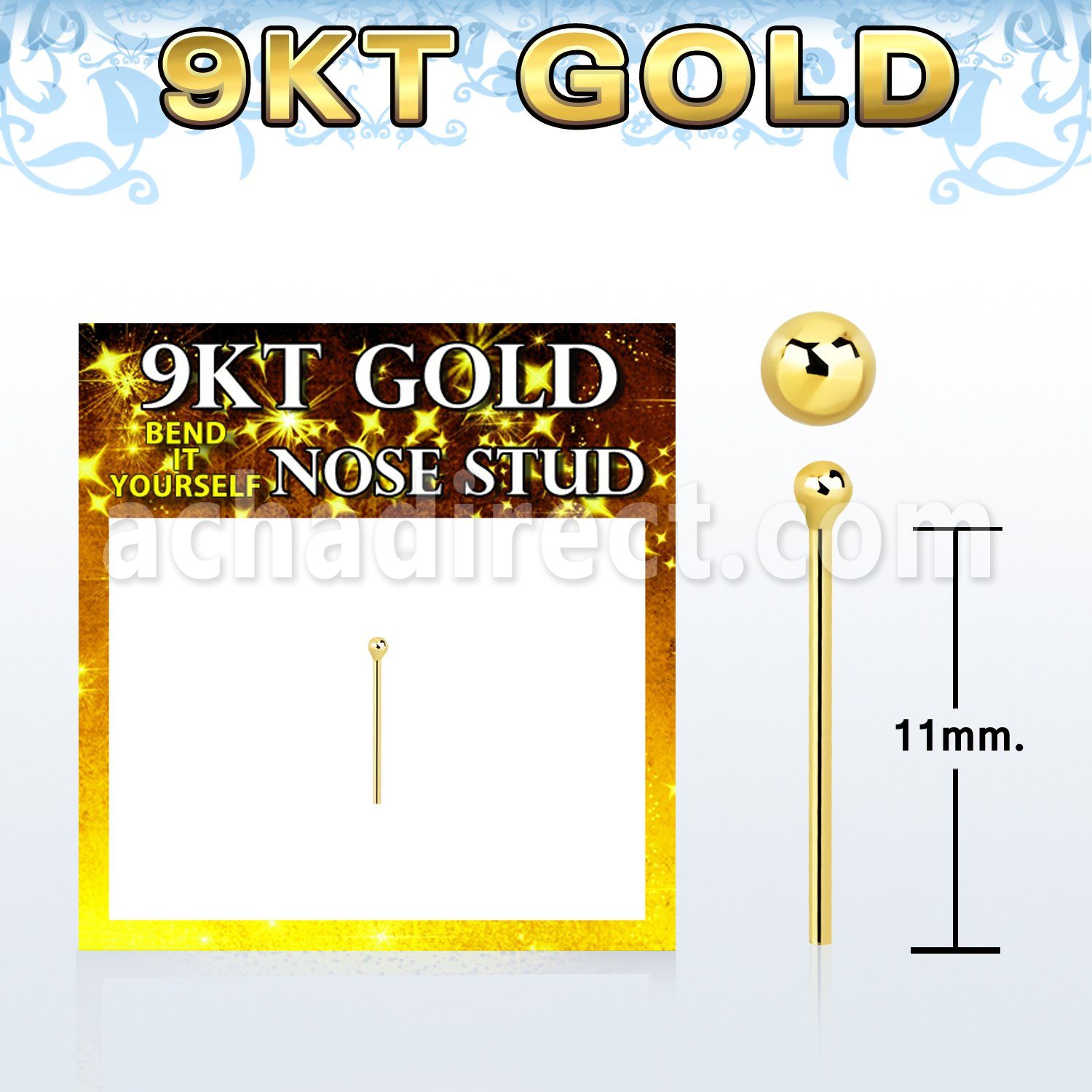 gysb9 9kt gold bend it nose stud w a 1.5mm ball shaped top