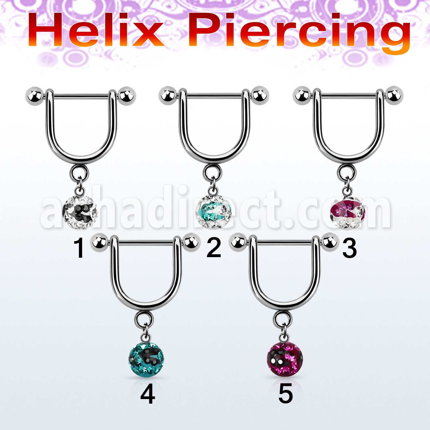 heucfr5 316l steel helix stirrup w 5mm zebra multi crystal ball