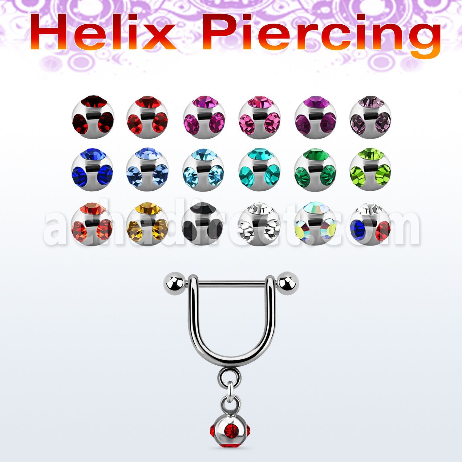 heud4 316l steel helix stirrup w 4mm multi jewel ball