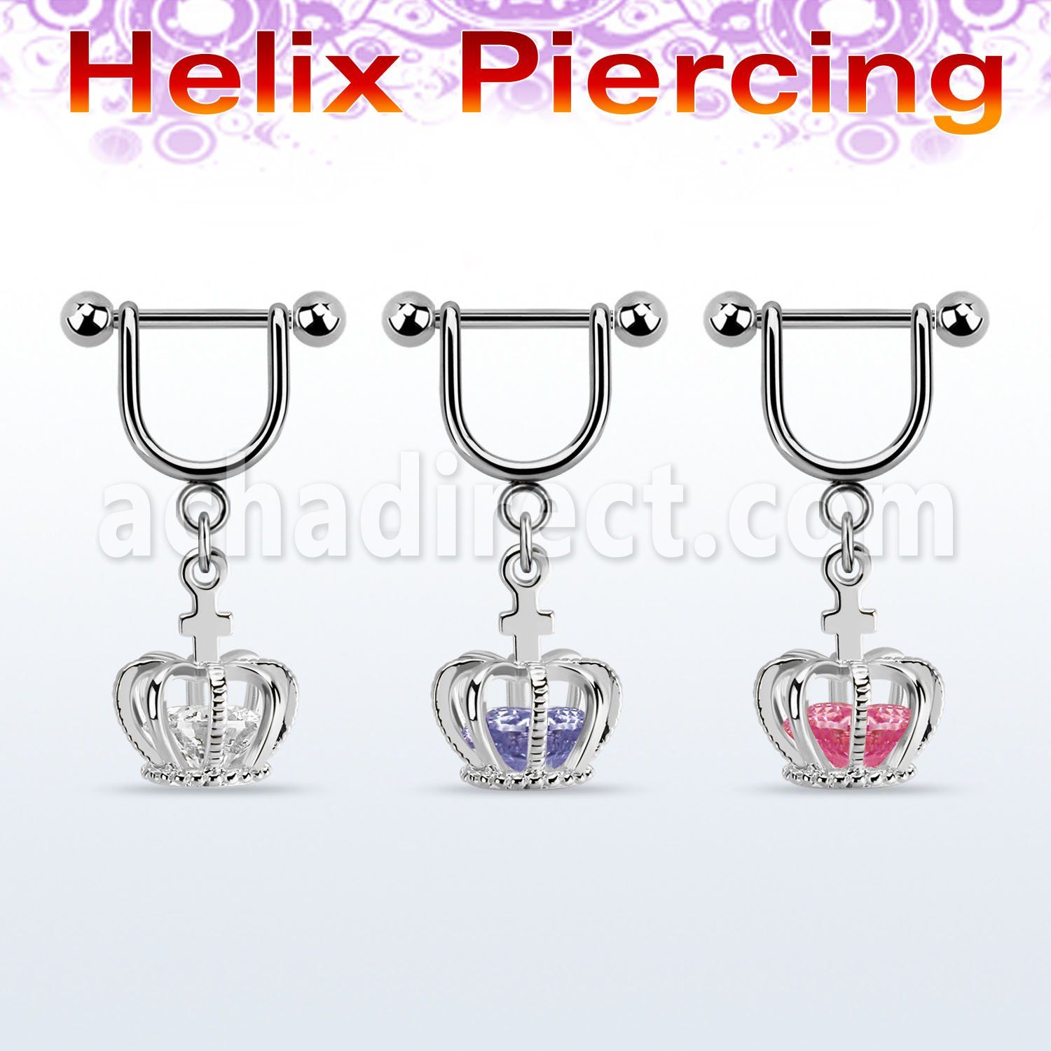 heuz12 316l steel helix stirrup w dangling crown w cz inside