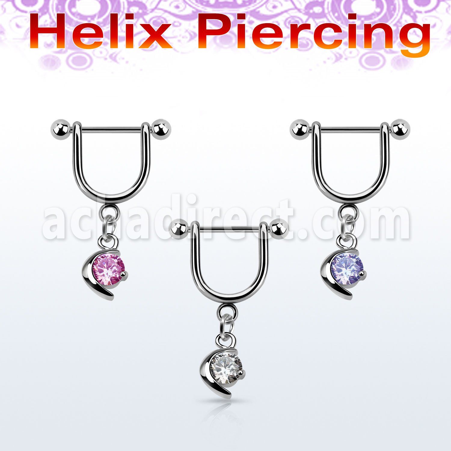 heuz8 316l steel helix stirrup w moon w a round cz stone