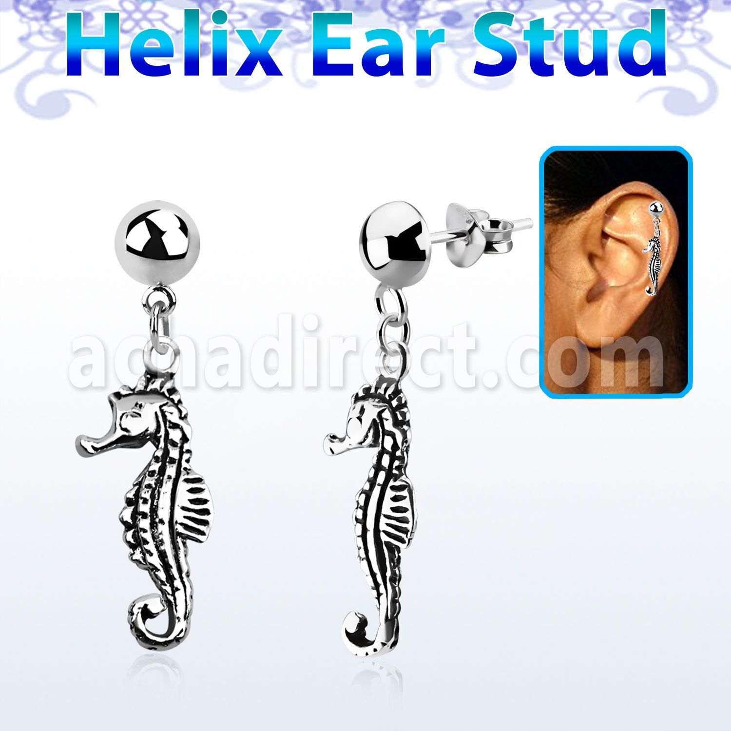 hexvd13 925 silver helix ear stud w dangling silver sea horse