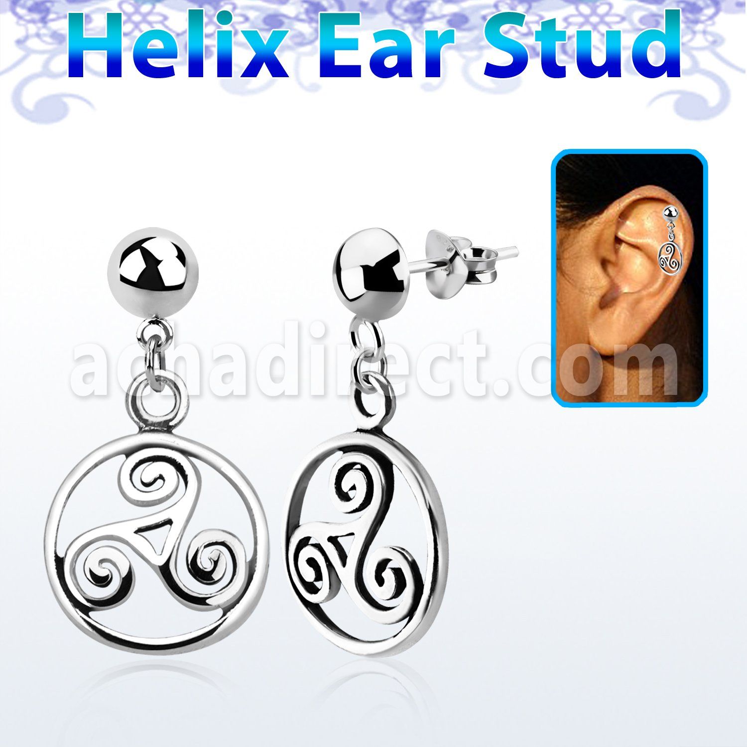 hexvd23 925 silver helix earstud w dangling triskele