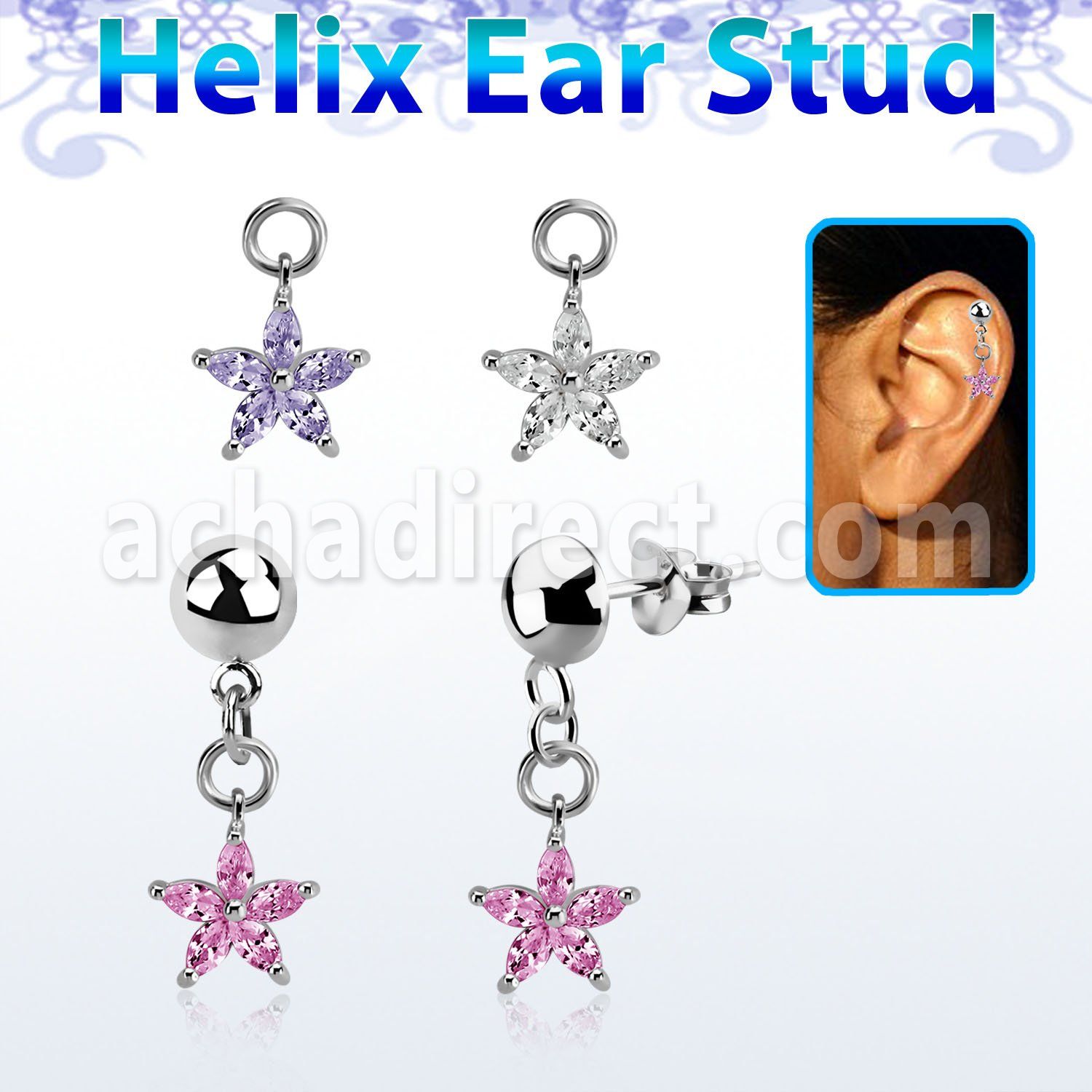 hexvd44 plain 925 silver helix ear stud w a dangling flower czs