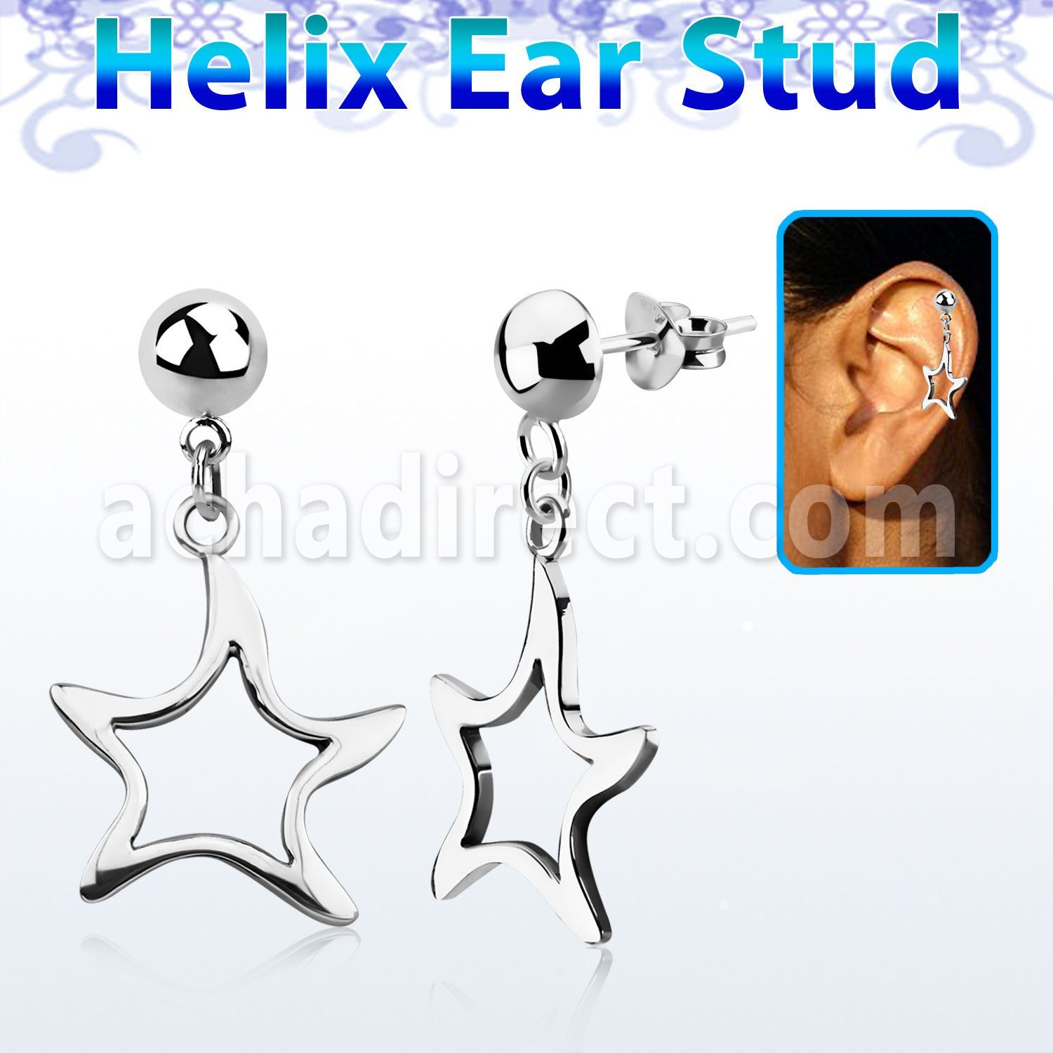 hexvd8 925 silver helix ear stud w dangling 925 silver star
