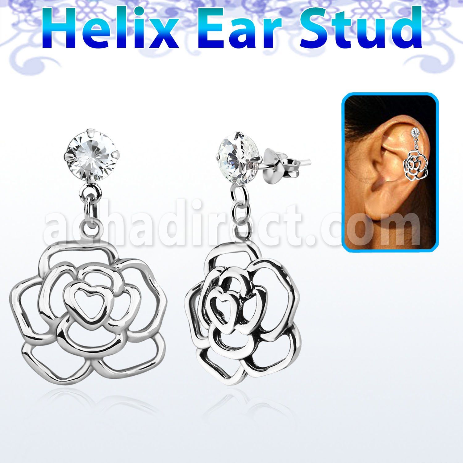 hexzd10 925 silver helix earstud w cz dangling 925 silver rose