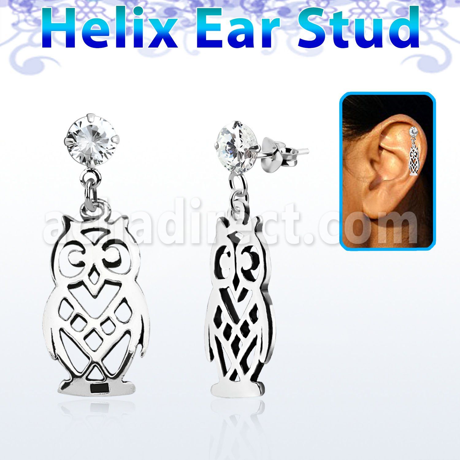 hexzd15 925 silver helix earstud w cz dangling 925 silver owl