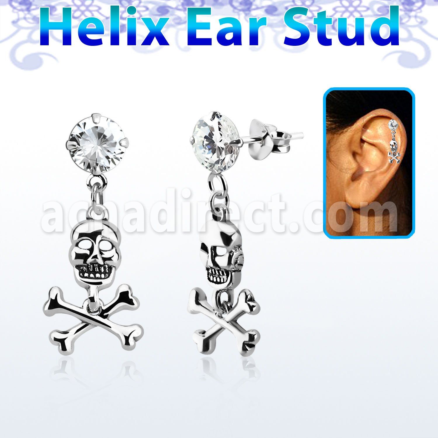 hexzd28 925 silver helix earstud w cz skull with crossed bone