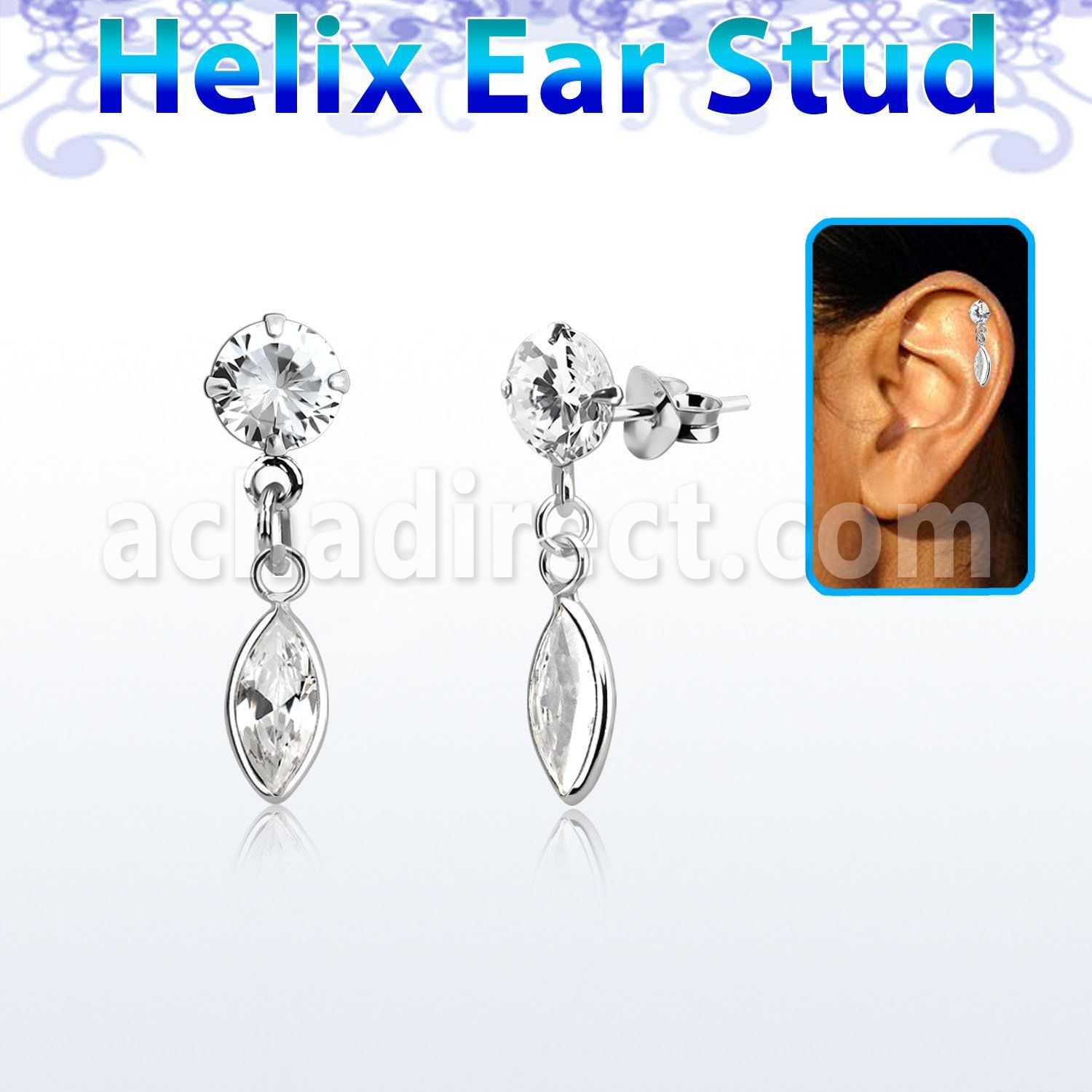 hexzd29 silver helix ear stud prong set cz dangling marqui cz