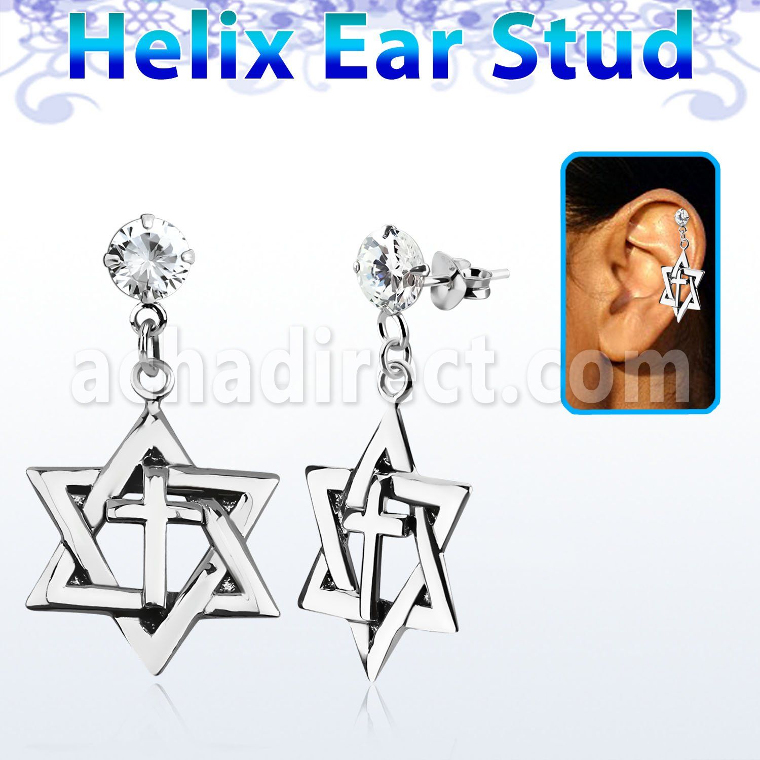 hexzd7 925 silver helix earstud w silver david star with cross