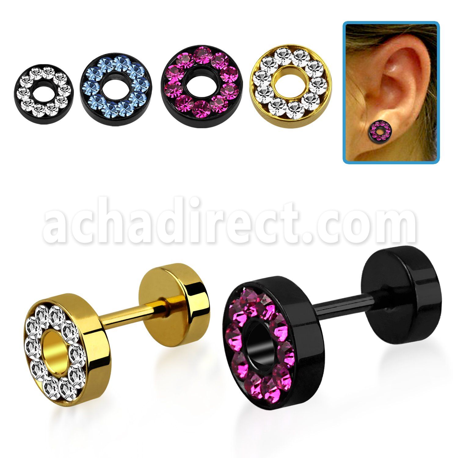 iftrdc pvd 316l steel fake flesh tunnel w crystal studded rim