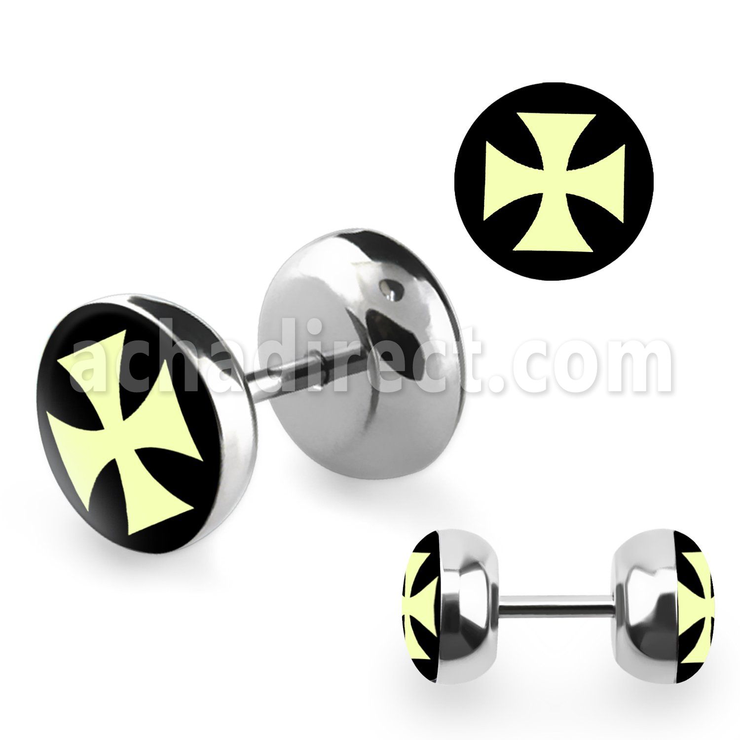 ilpg 316l steel fake plug with white iron cross on black logo