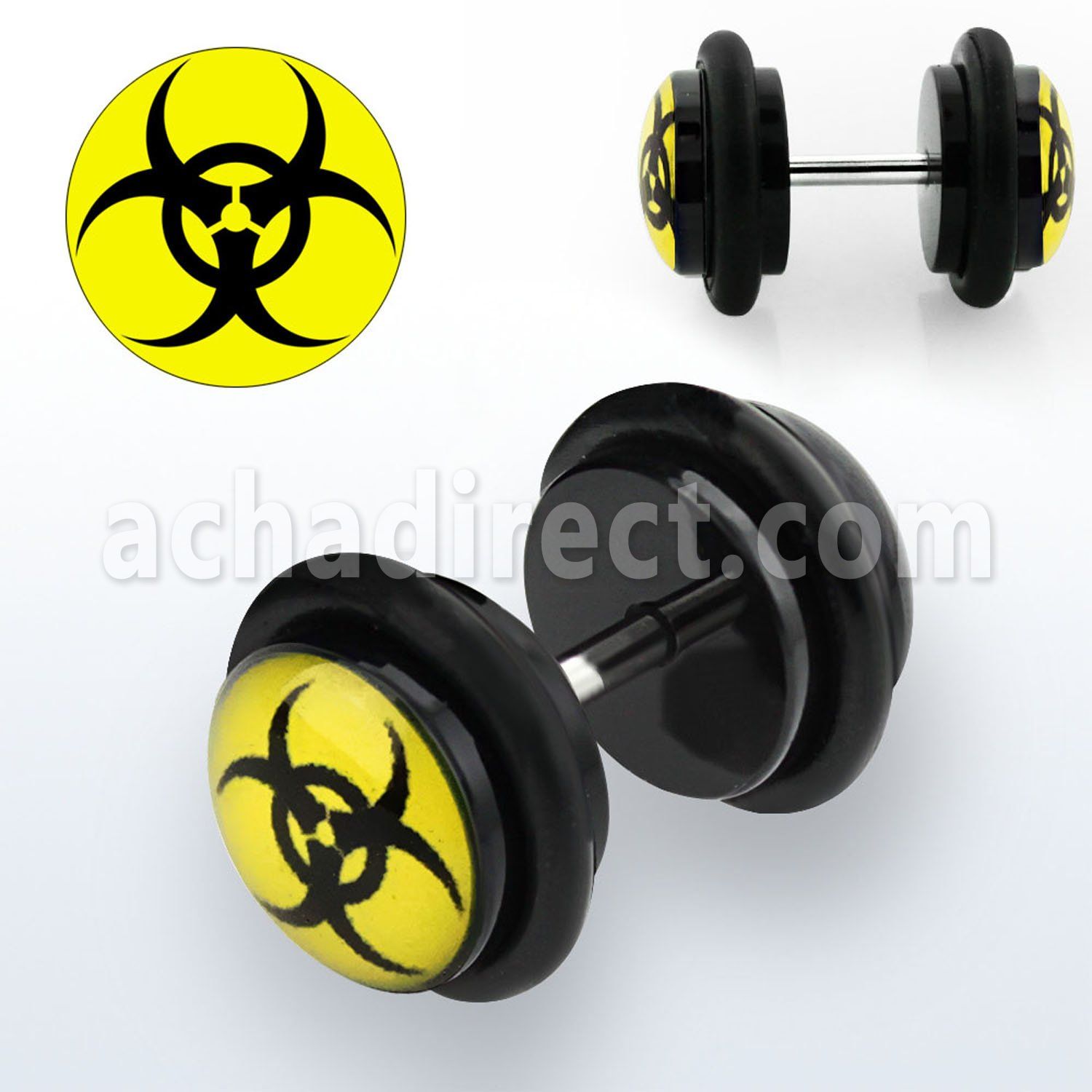 ilvgr65 acrylic fake plug with biohazard on yellow with o rings
