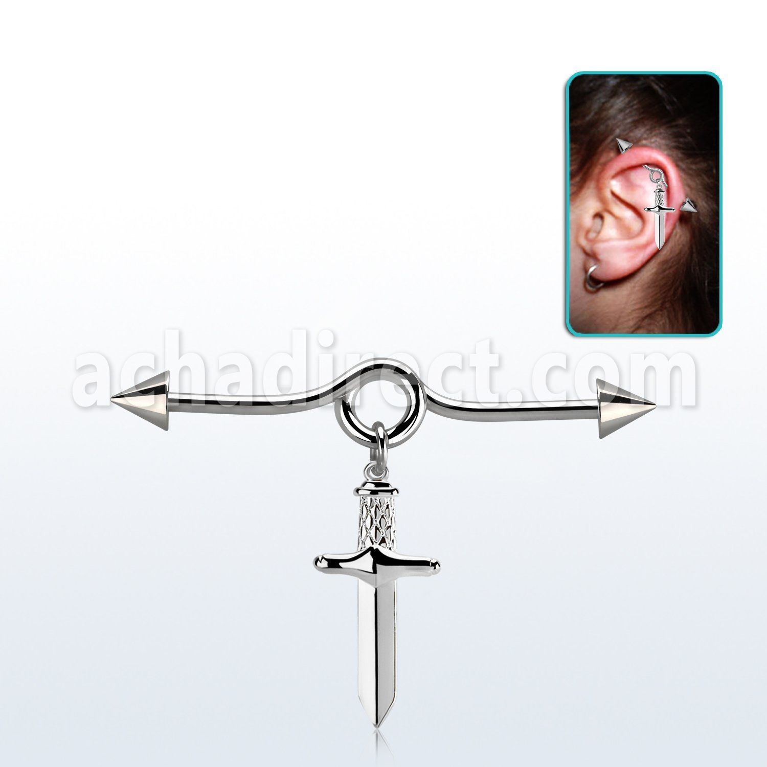 incnd11 316l steel industrial loop barbell w cones & dagger