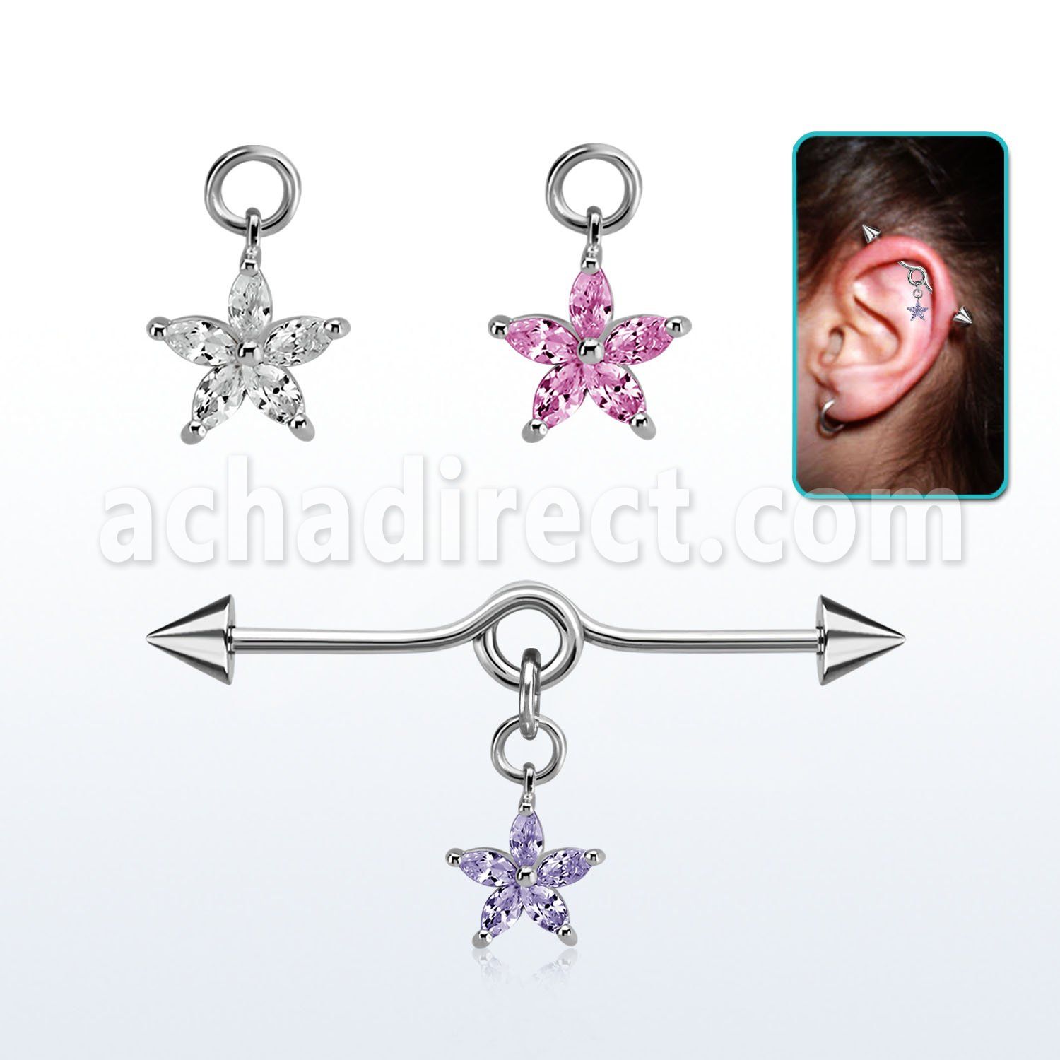 incndz2 steel industrial loop barbell w cone flower cz petals 