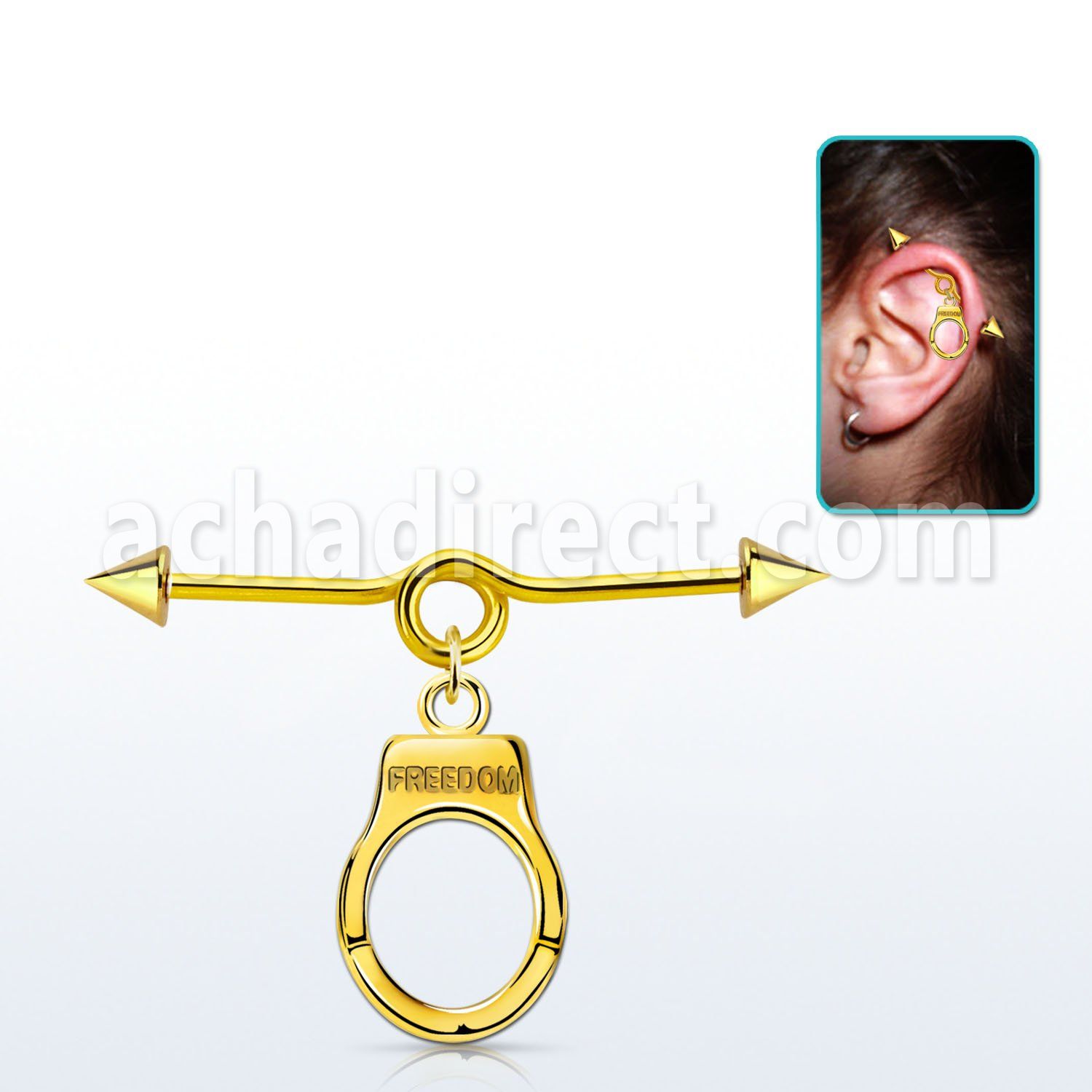 incntd15 black industrial loop barbell w cone handcuff dangling