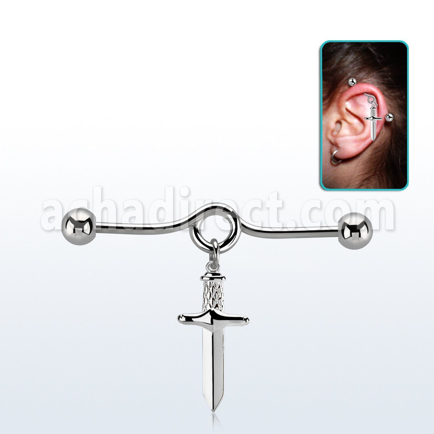 indd17 316l steel industrial loop barbell w ball & dagger