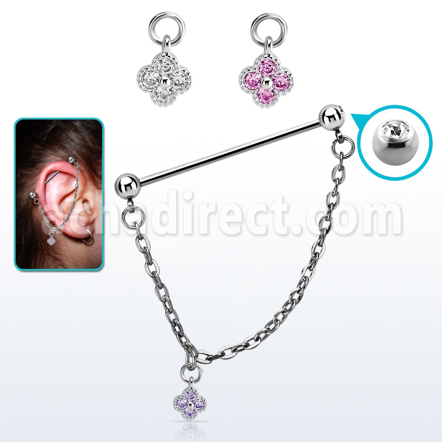 indsdz1 steel industrial loop barbell w jewel ball w star cz 