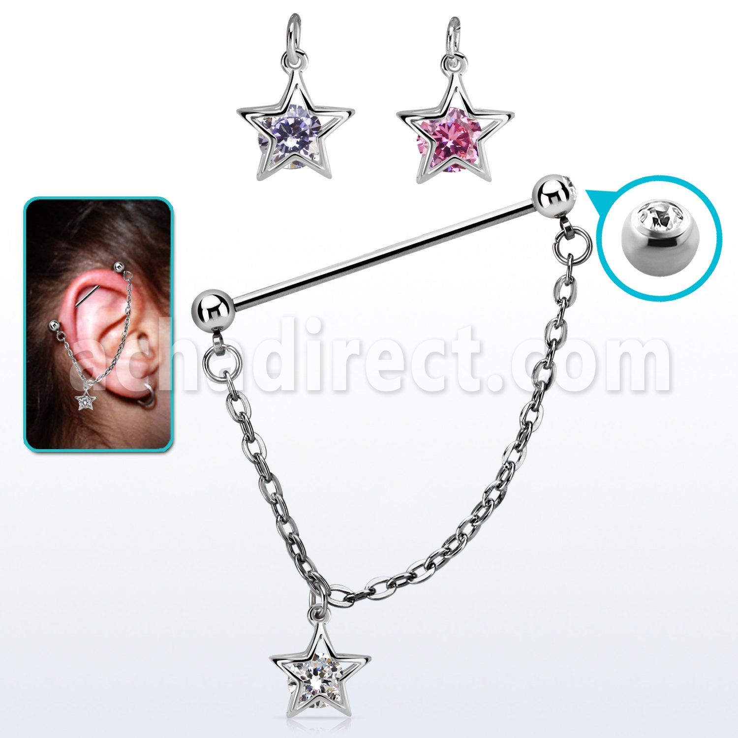 indsdz3 steel industrial loop barbell w jewel ball flower cz 