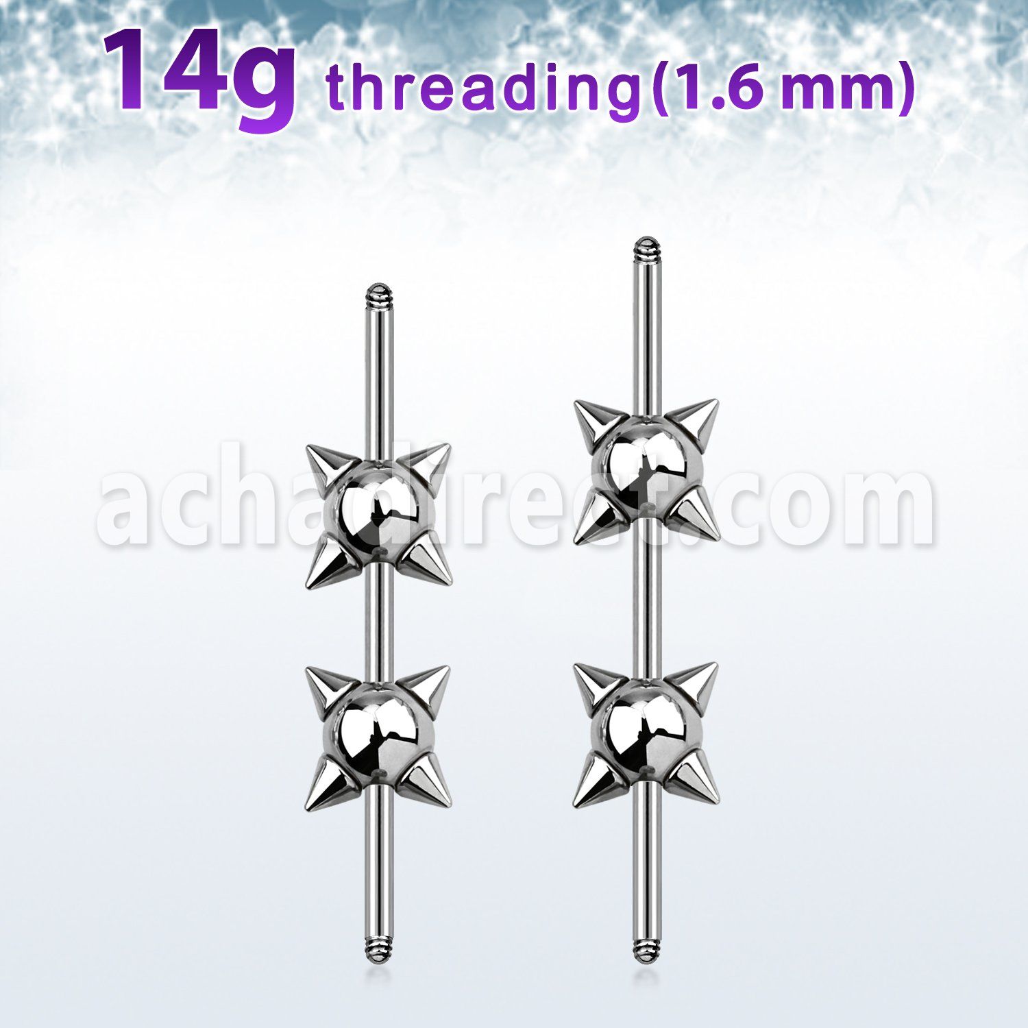insh2 316l steel industrial barbell post w center spike balls