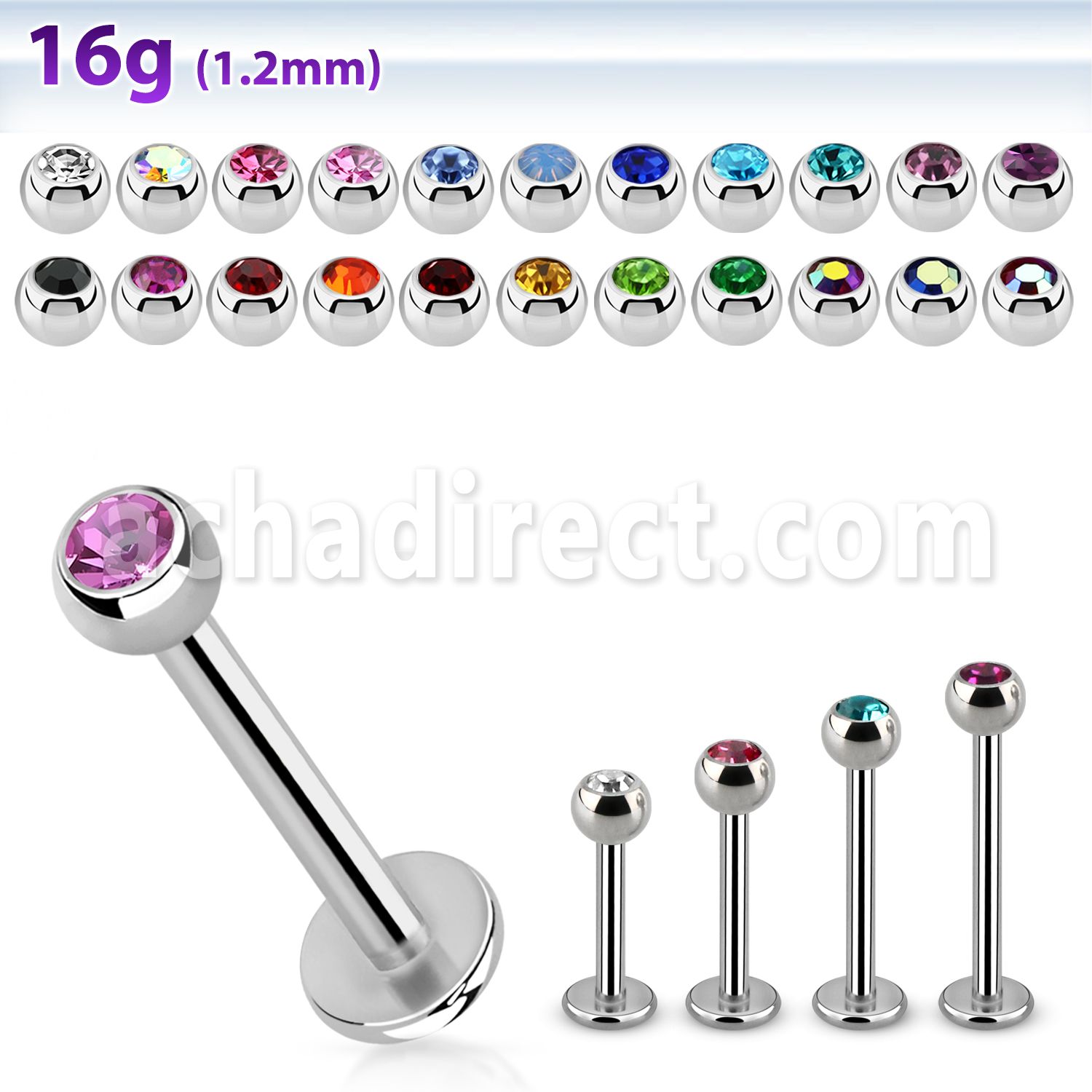 lbc3 16g 316l steel labret with 3mm bezel set jewel ball