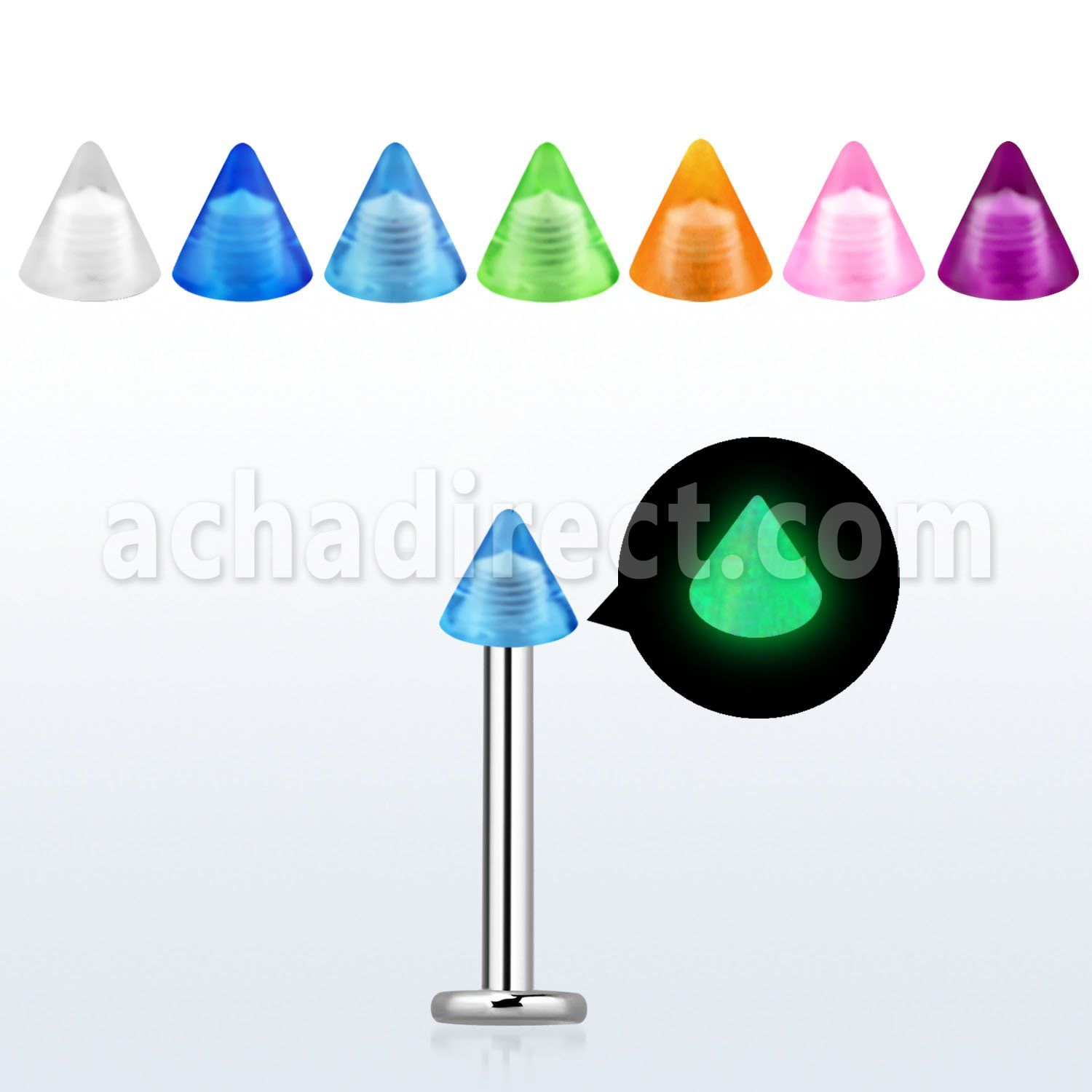 lbglcn3 316l steel labret with 3mm glow in the dark acrylic cone