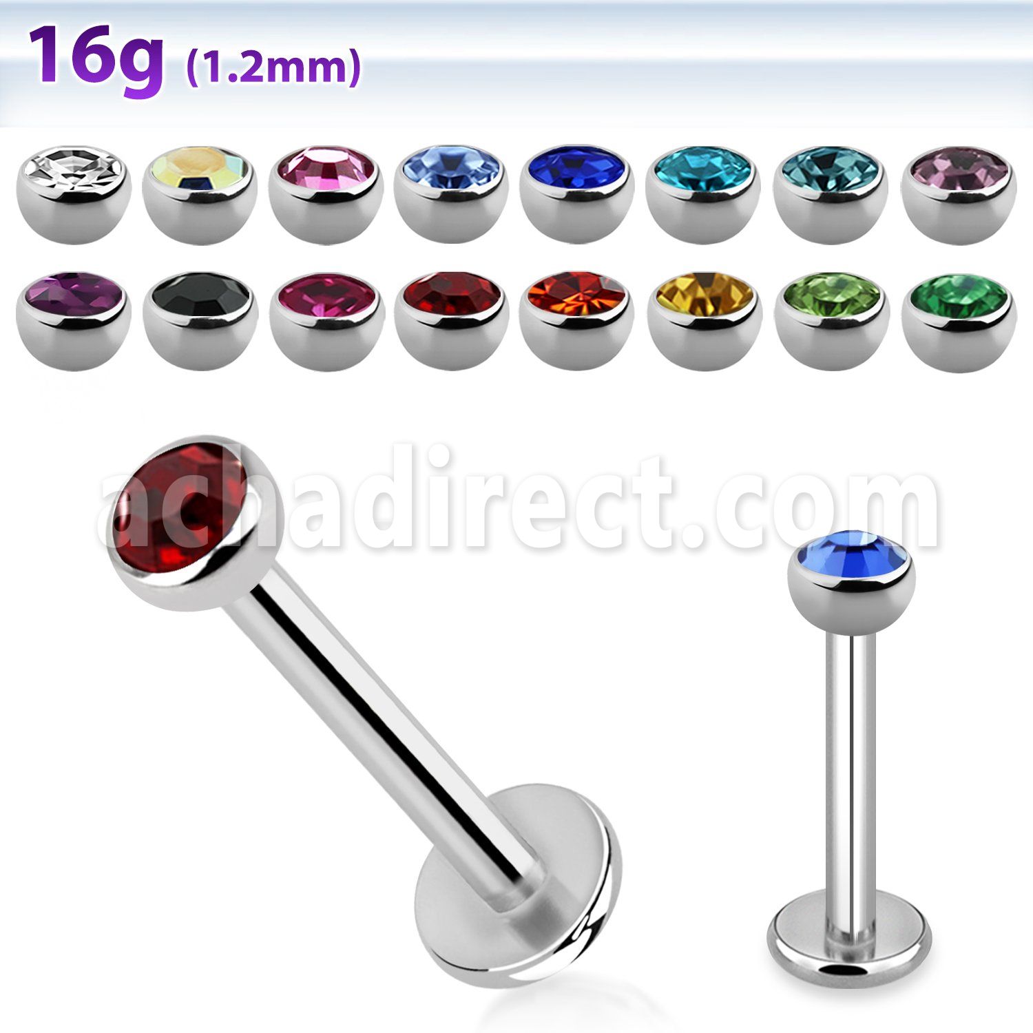 lbhjb3 316l steel labret with 3mm bezel set half jewel ball