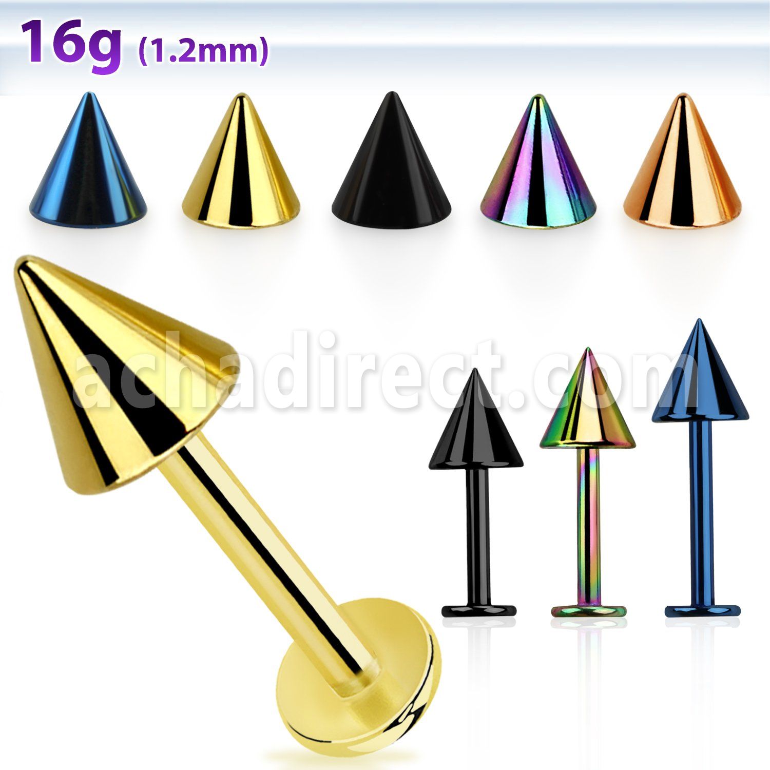 lbtcn5s anodized surgical steel labret with a 5mm cone