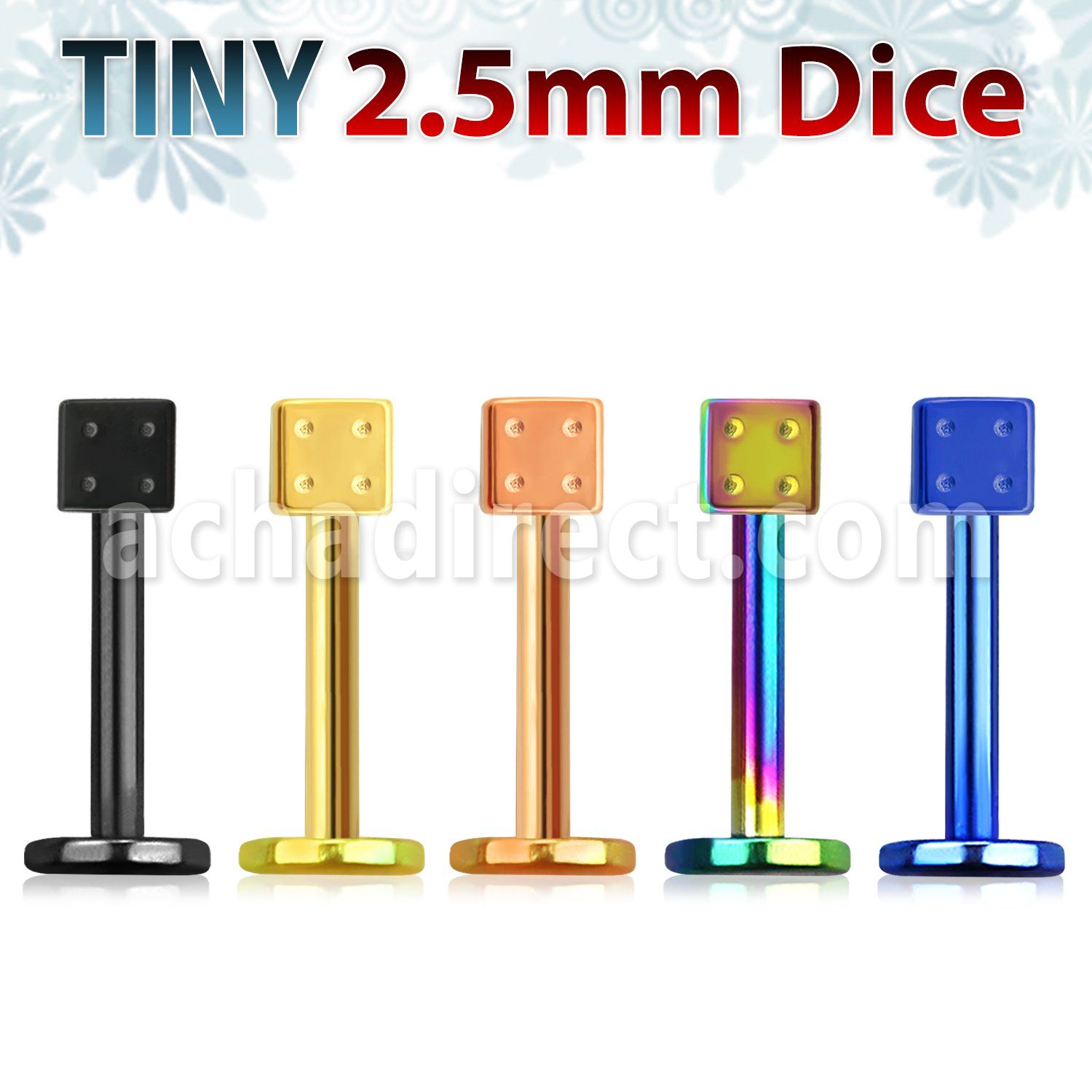 lbtdi25 anodized 316l steel labret with a 2 5mm dice