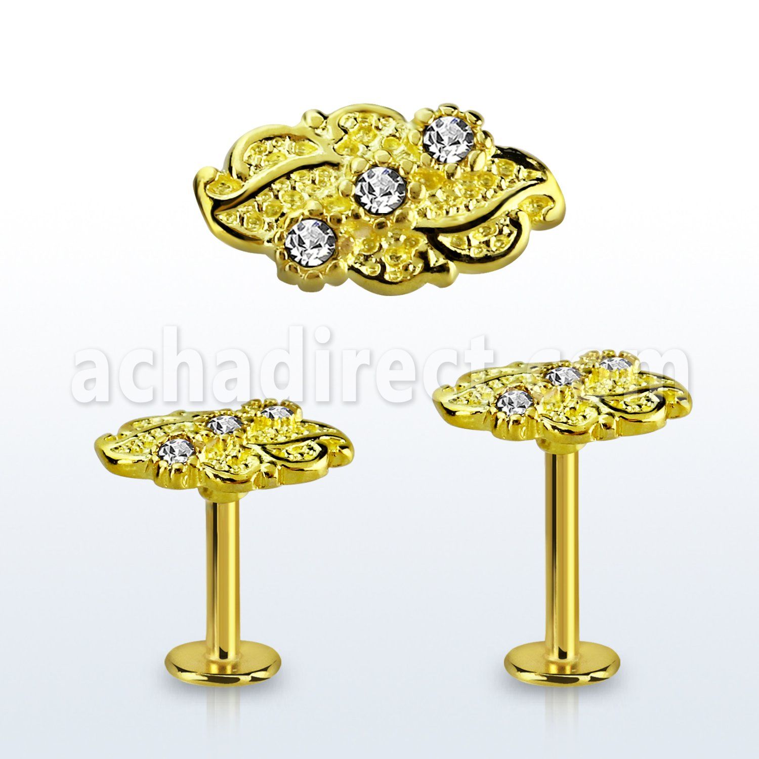 lbtfw4c gold 316l steel labret, 16g w a leaf top w crystals