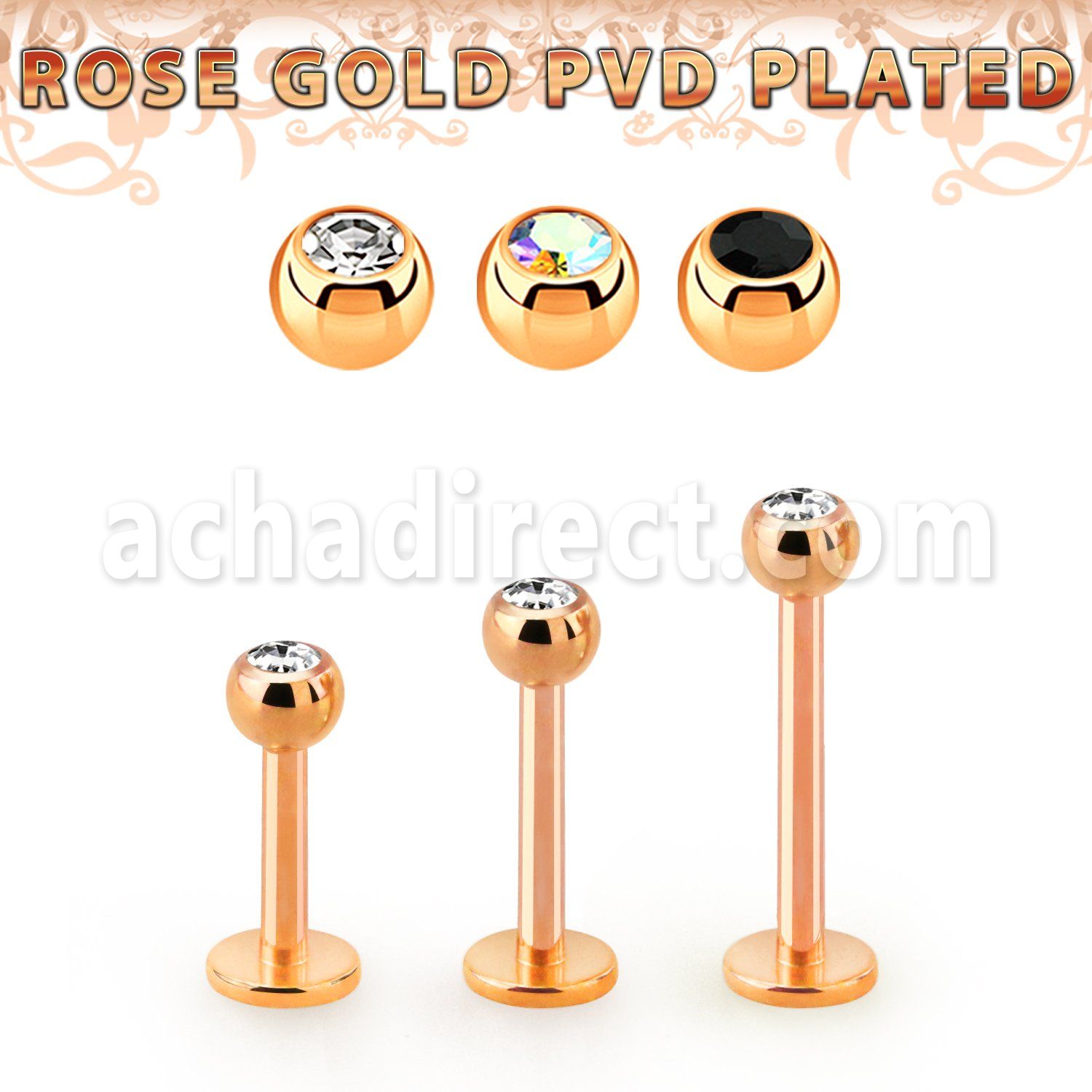 lbttc3 rose gold plated steel labret w 3mm jewel ball