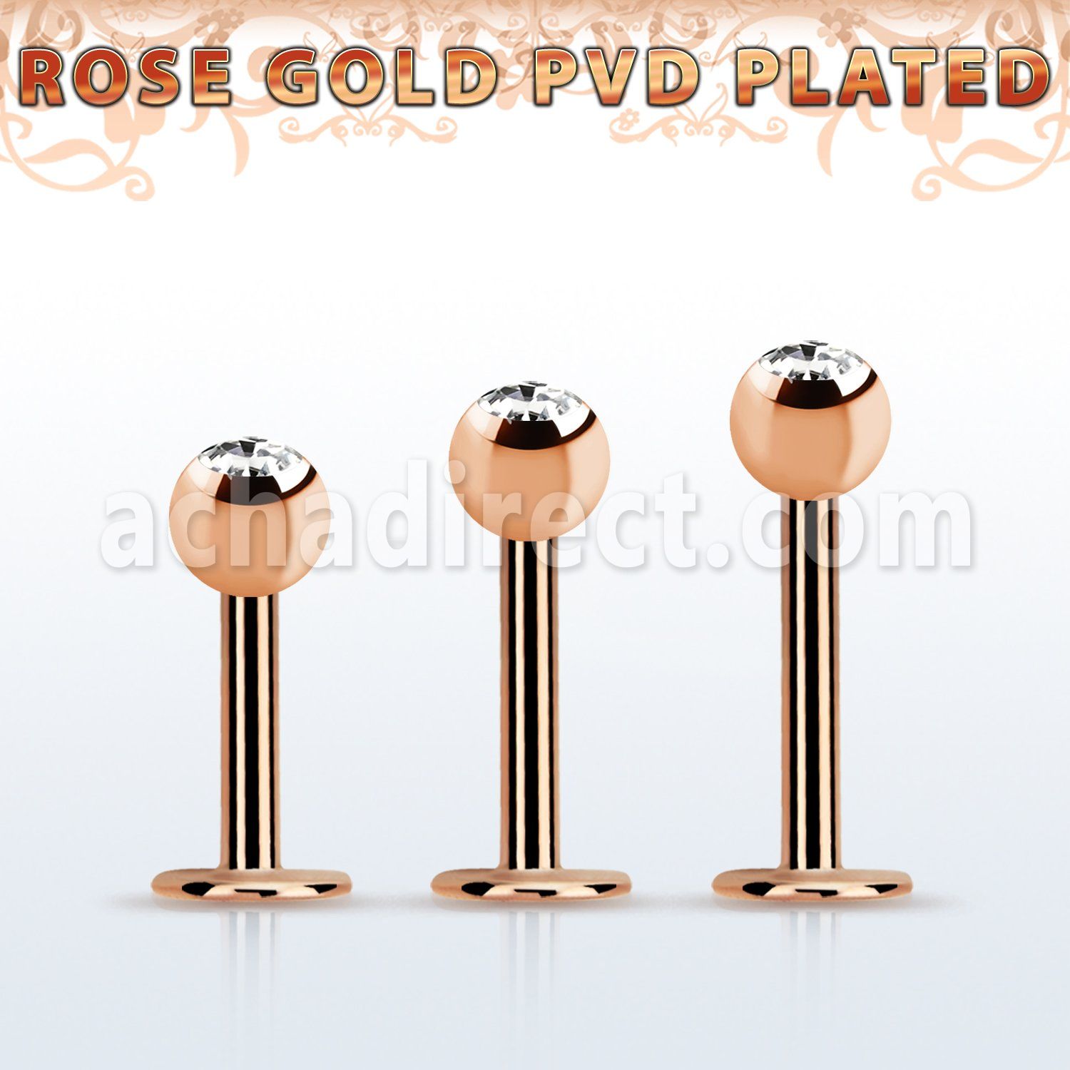 lbttc4 rose gold pvd plated steel labret, 14g w 4mm jewel ball