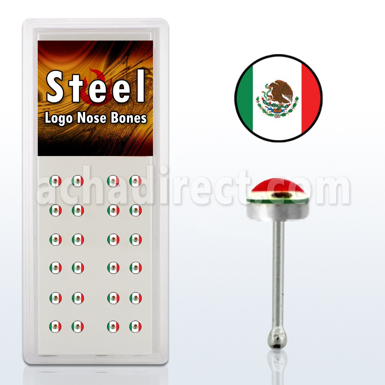 lgnbmx display of 316l steel nose bones with mexican flag logo
