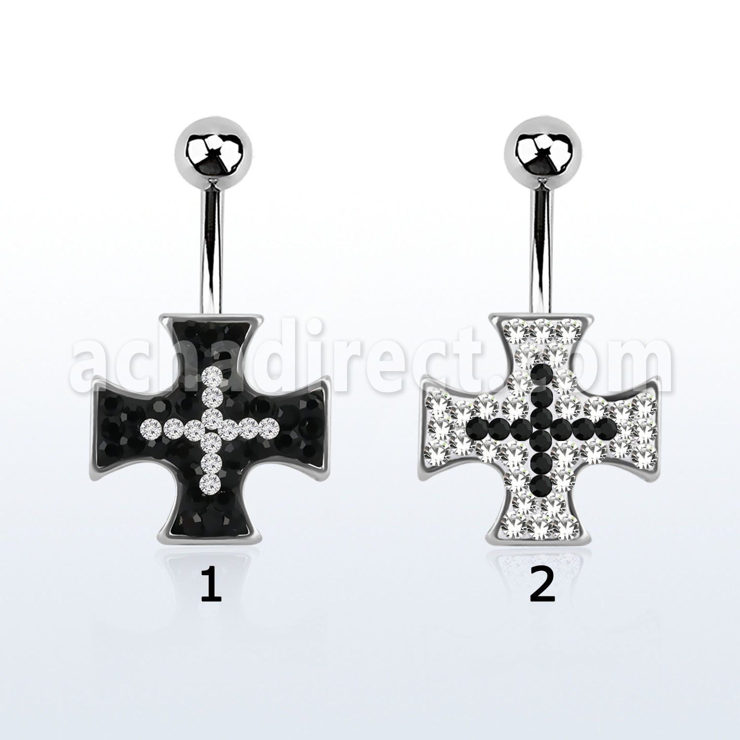 mcd419b steel belly banana w two color multi crystal iron cross