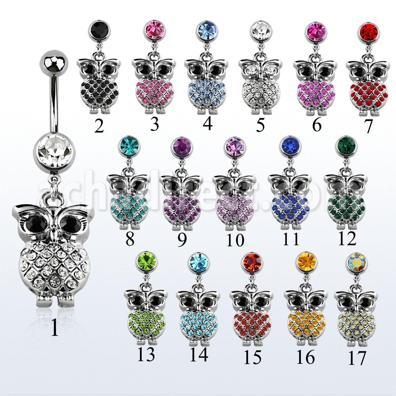 mcd441 316l steel belly banana with dangling crystal owl