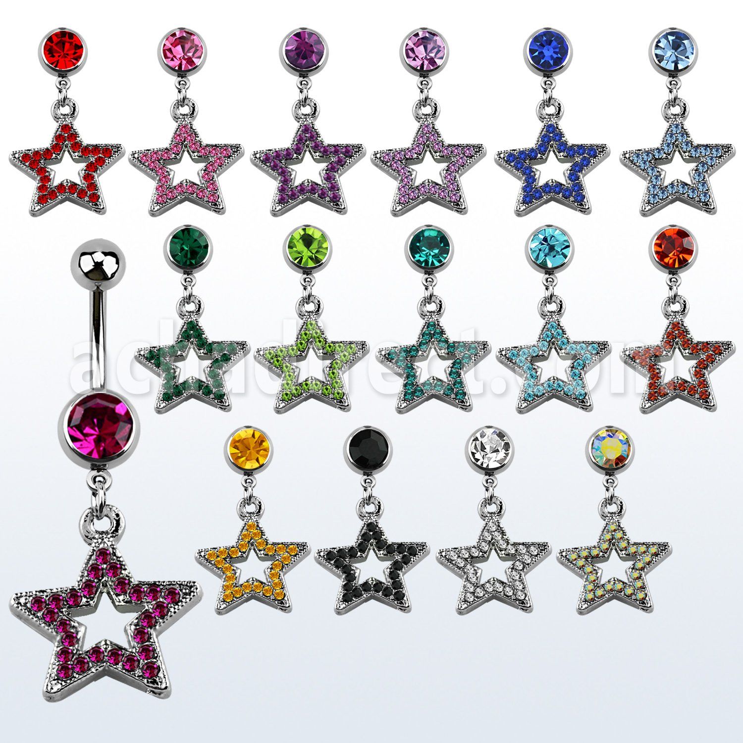mcd488 316l steel belly banana w dangling crystal studded star