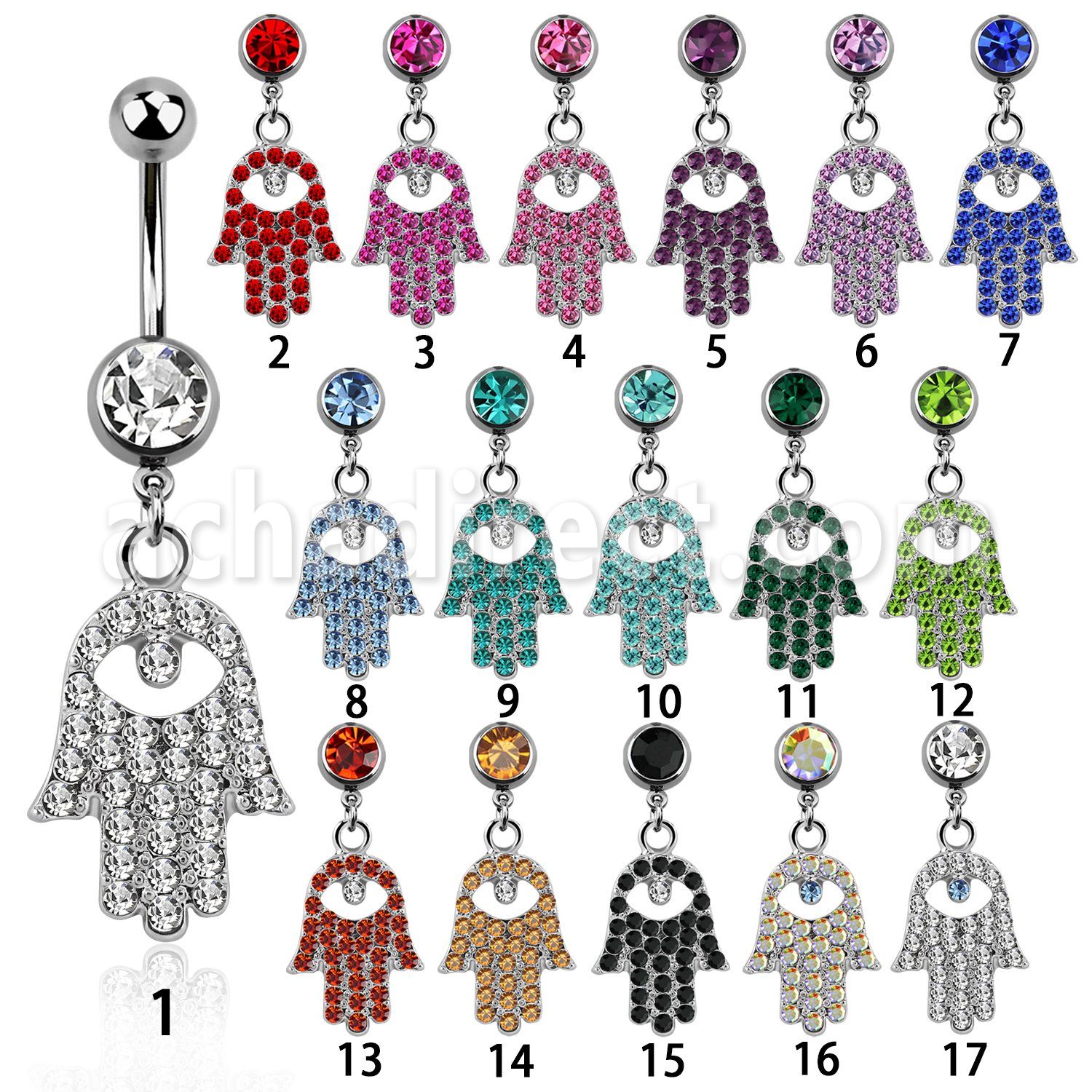 mcd668 belly banana w a dangling crystal studded hamsa design