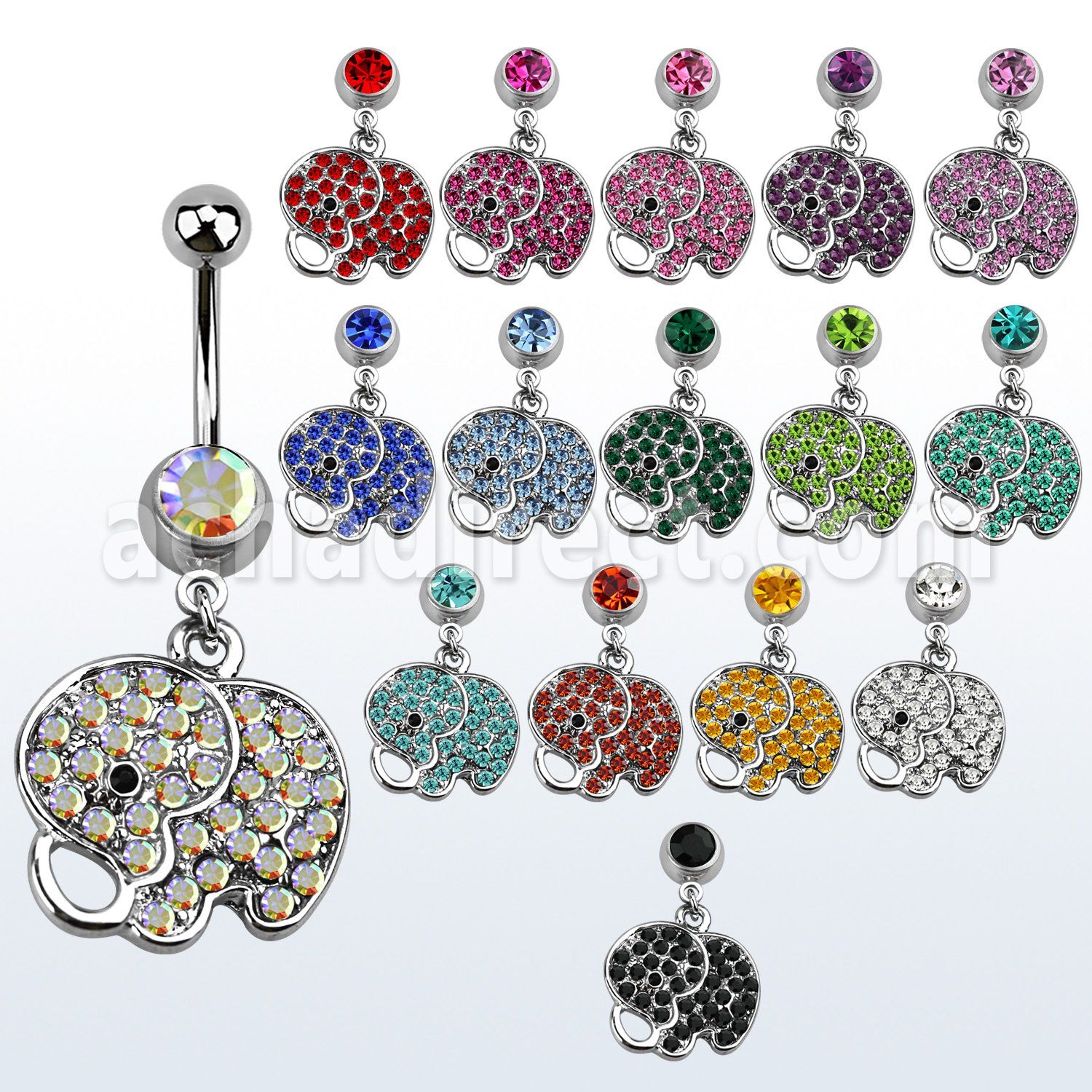 mcd690 belly banana w a dangling crystal studded baby elephant