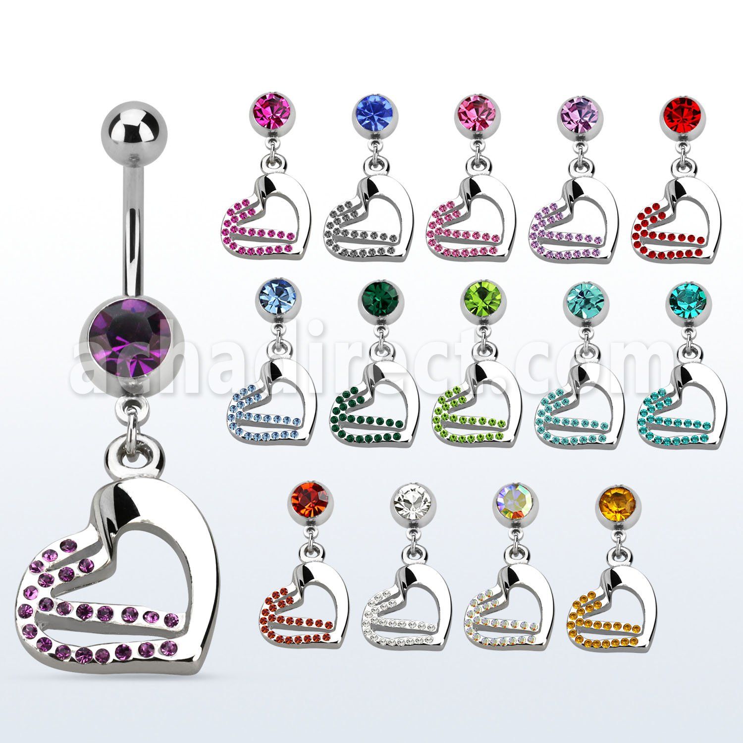 mcdhrc5 steel belly banana w dangling double heart w crystals