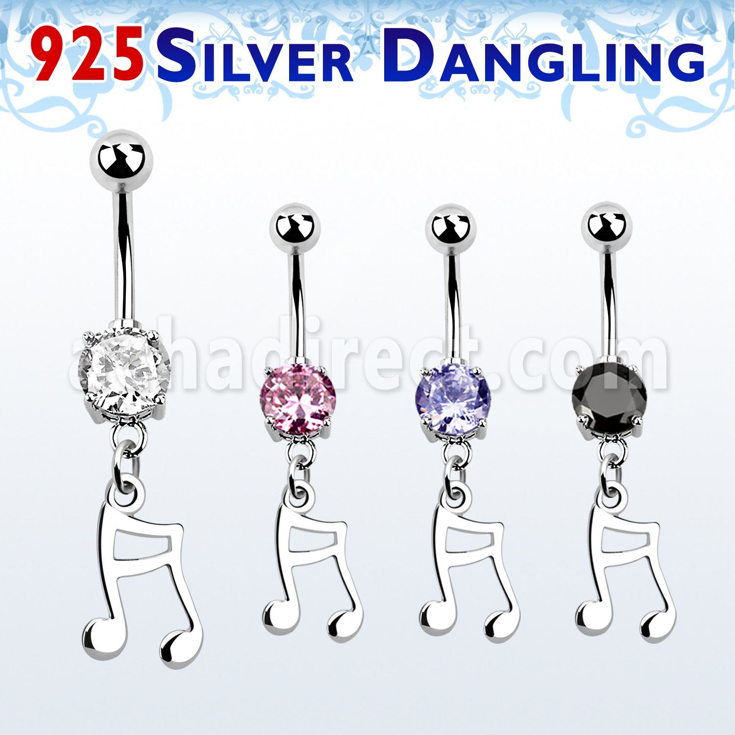 mcdvd20 steel belly banana w round cz stone silver melody sign