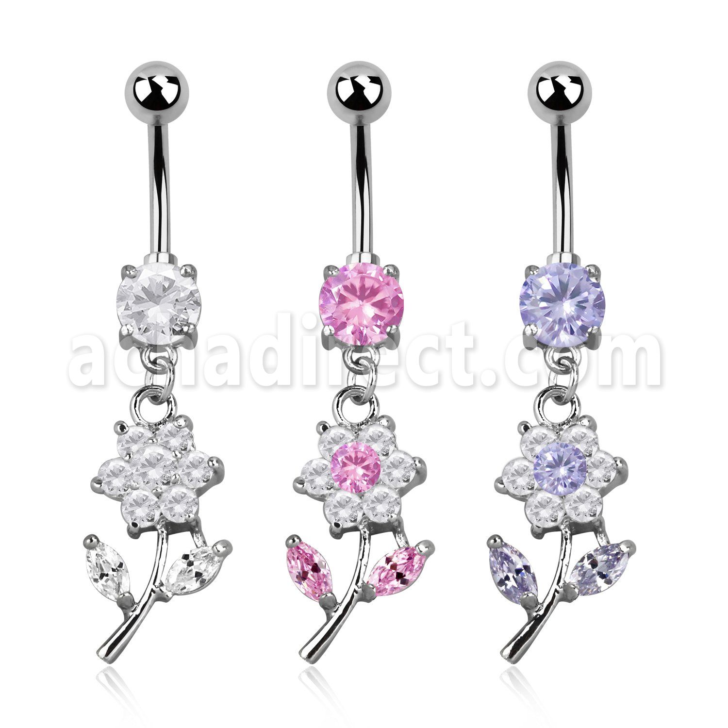 mcdz178 316l steel belly banana w prong cz dangling cz flower